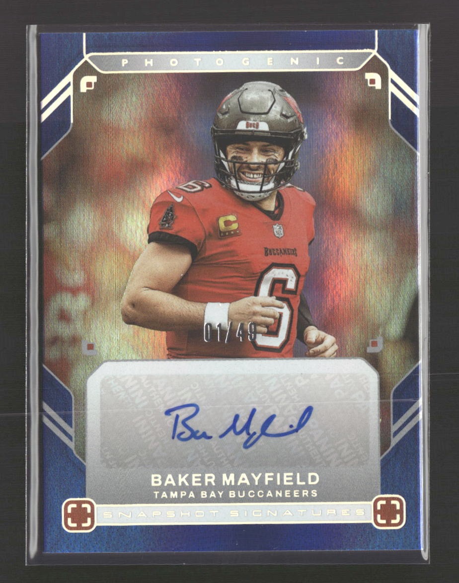2025 Panini Photogenic Snapshot Signatures Blue Baker Mayfield #/49 AU #SNS-BKM