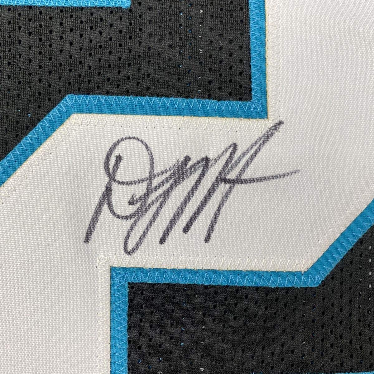 Framed Autographed/Signed DJ D.J. Moore 35x39 Carolina Black Football Jersey JSA COA