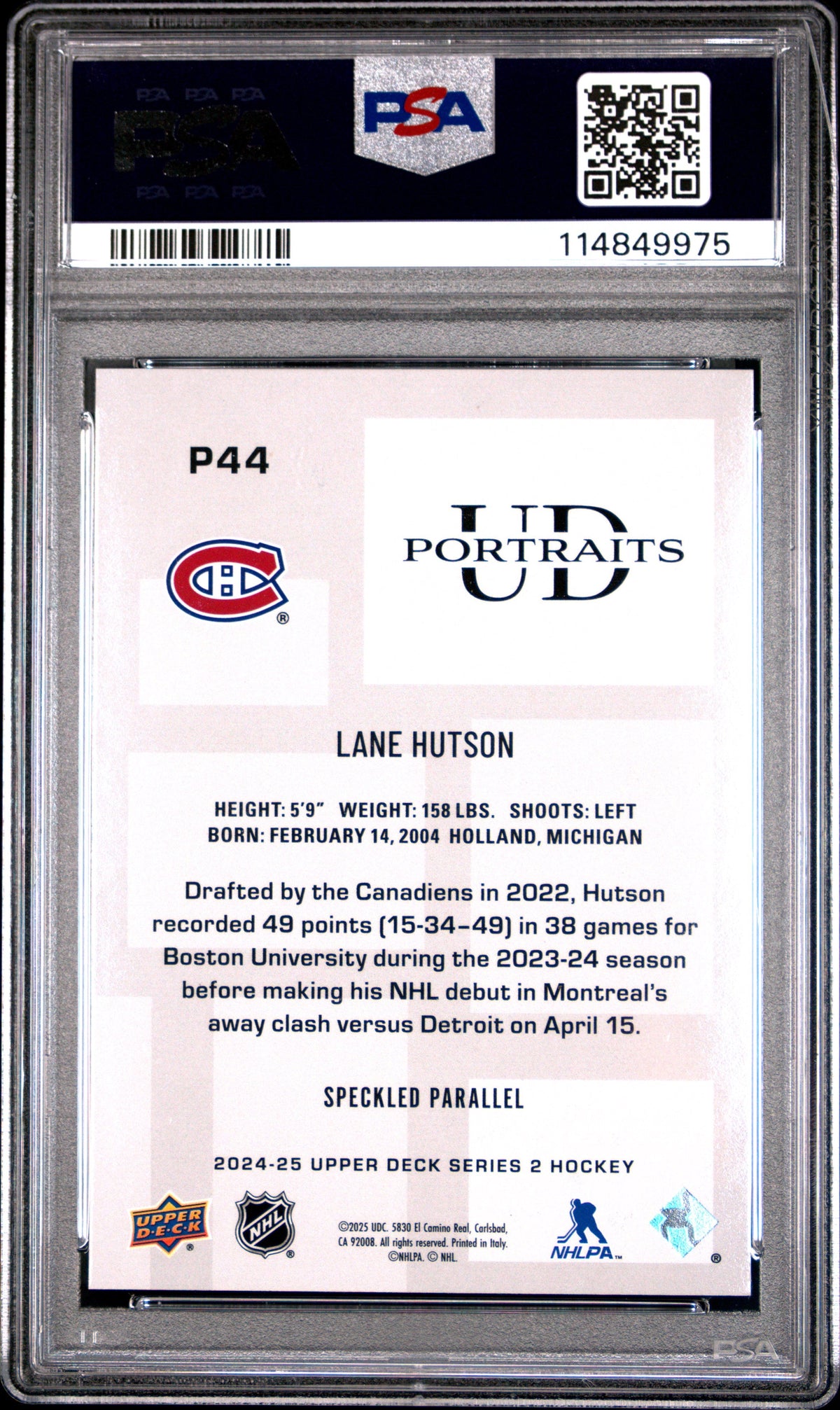 Graded 2024 Upper Deck Lane Hutson #P44 UD Portraits Speckle Rookie RC Hockey Card PSA 10 Gem Mint