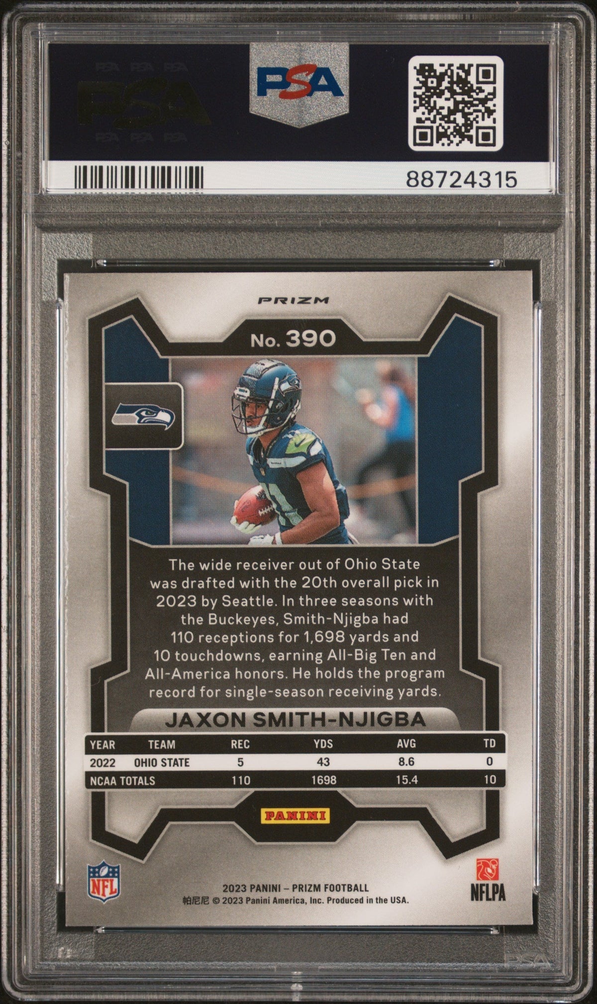 Graded 2023 Panini Prizm Jaxon Smith-Njigba #390 Neon Green Pulsar Rookie RC Football Card PSA 10 Gem Mint