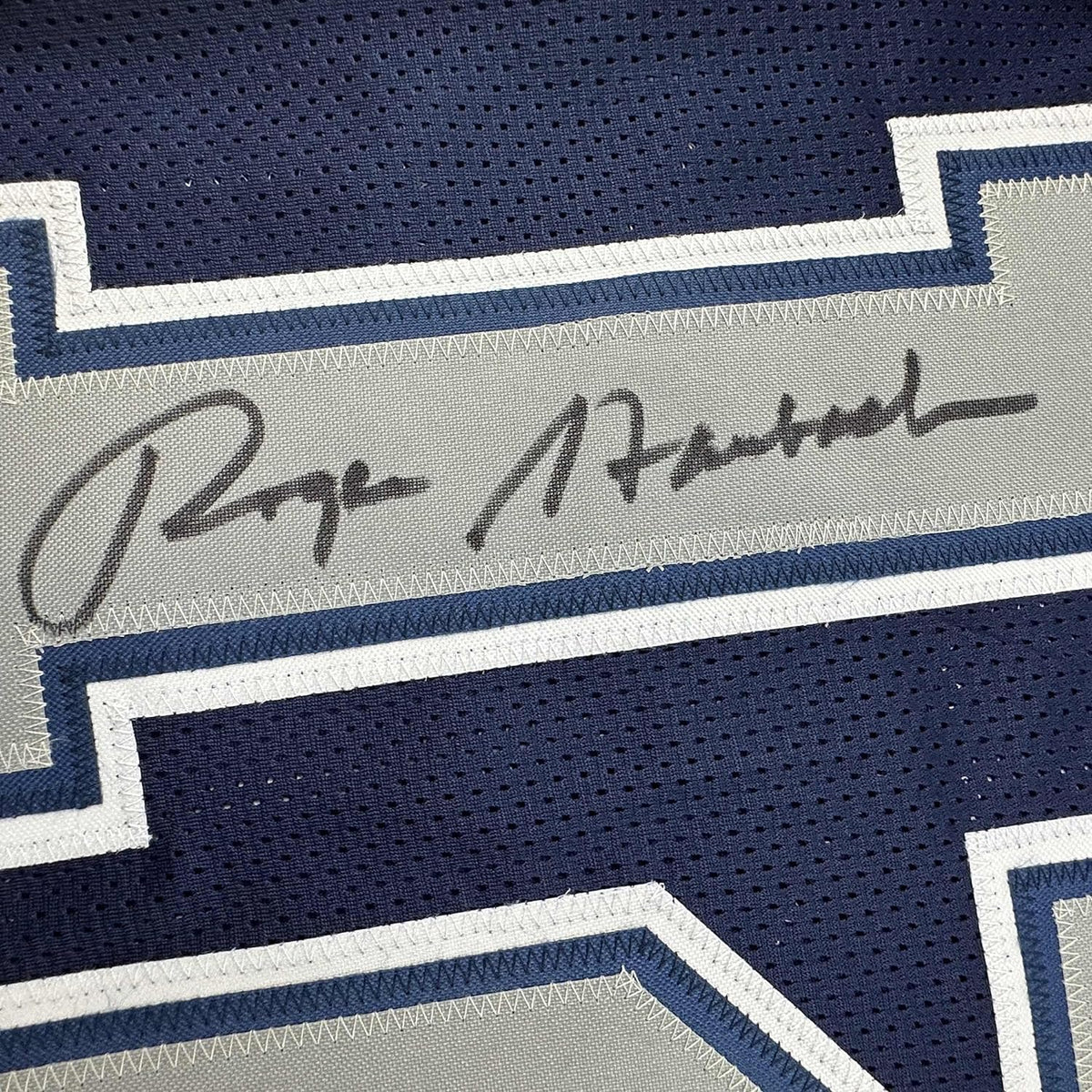 Framed Autographed/Signed Roger Staubach 35x39 Dallas Blue Football Jersey Beckett BAS COA