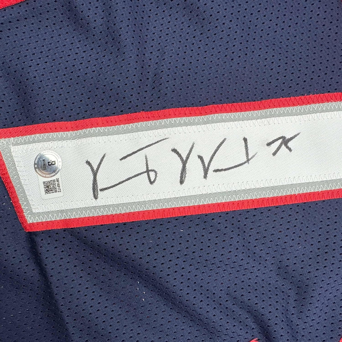 Framed Autographed/Signed Vince Wilfork 35x39 New England Blue Football Jersey Beckett BAS COA