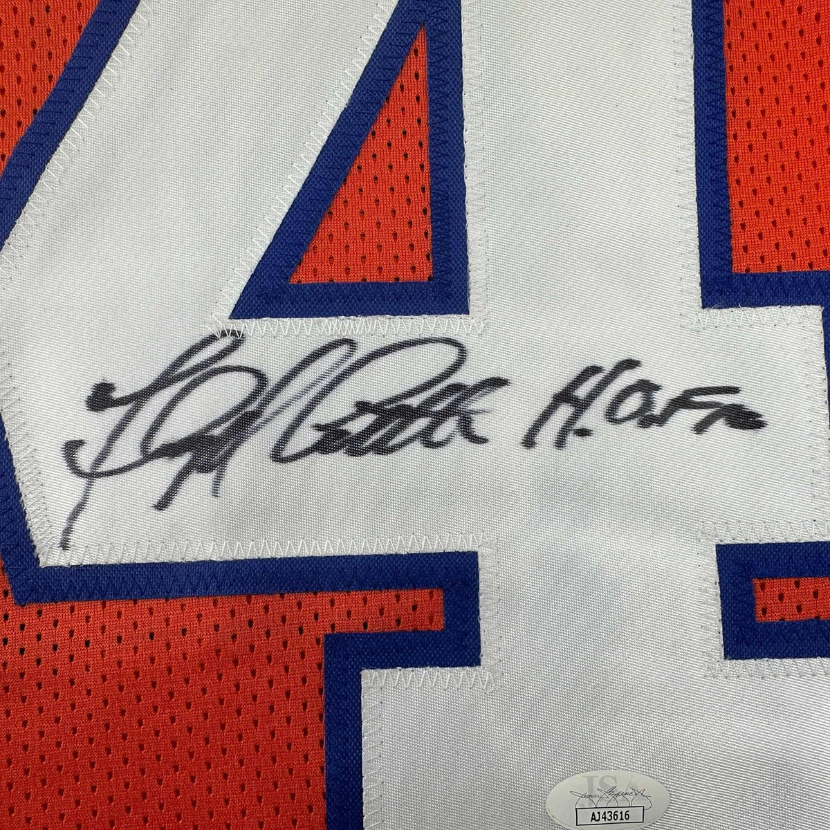 Framed Autographed/Signed Floyd Little 35x39 HOF Denver Orange Football Jersey JSA COA
