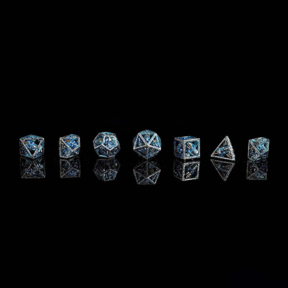 Skull's Grin Hollow Metal Dice Set - Glow in the Dark Blue