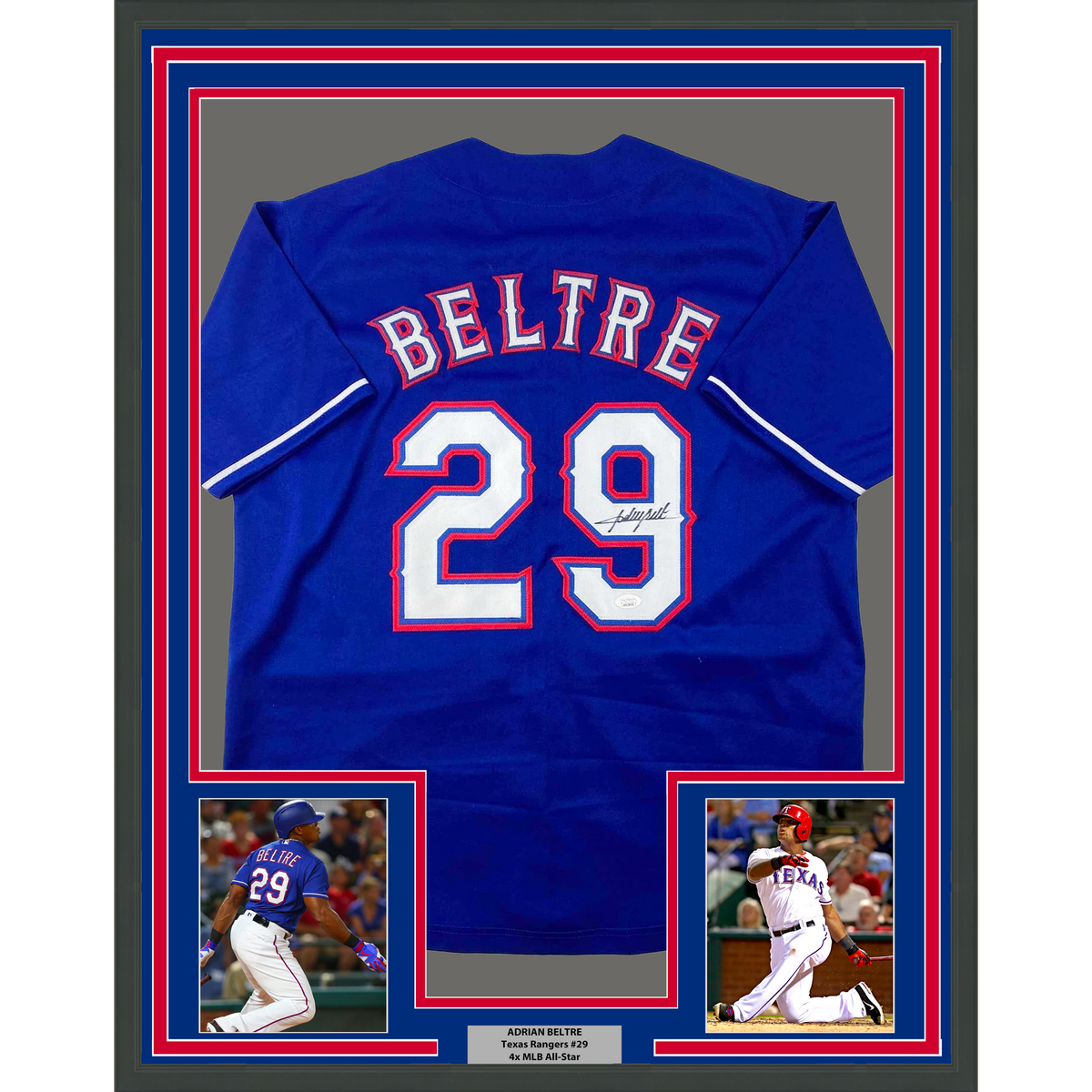 Framed Autographed/Signed Adrian Beltre 35x39 Texas Blue Baseball Jersey JSA COA