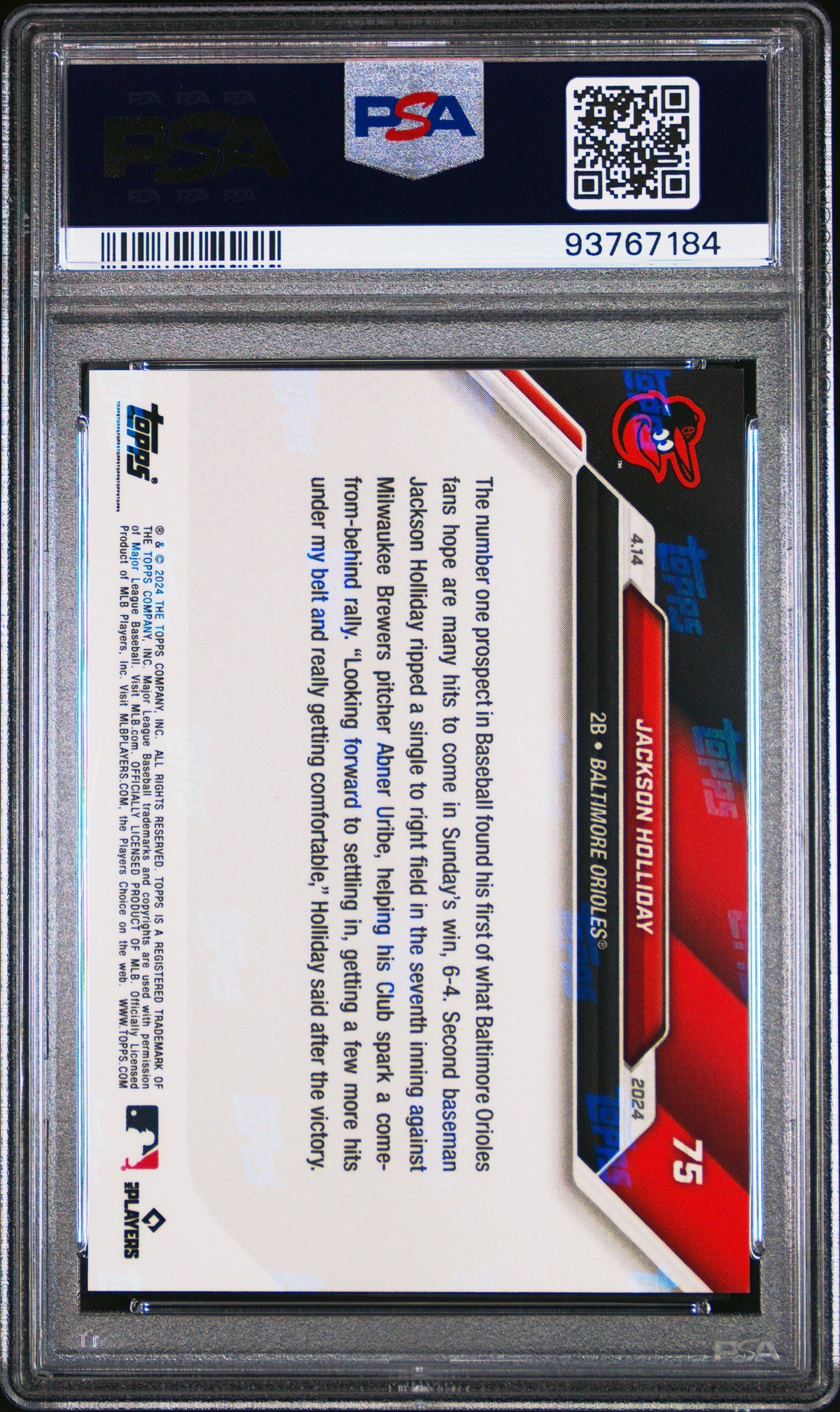 Graded 2024 Topps Now Jackson Holliday #75 1st Career Hit Rookie RC Baseball Card PSA 9 Mint
