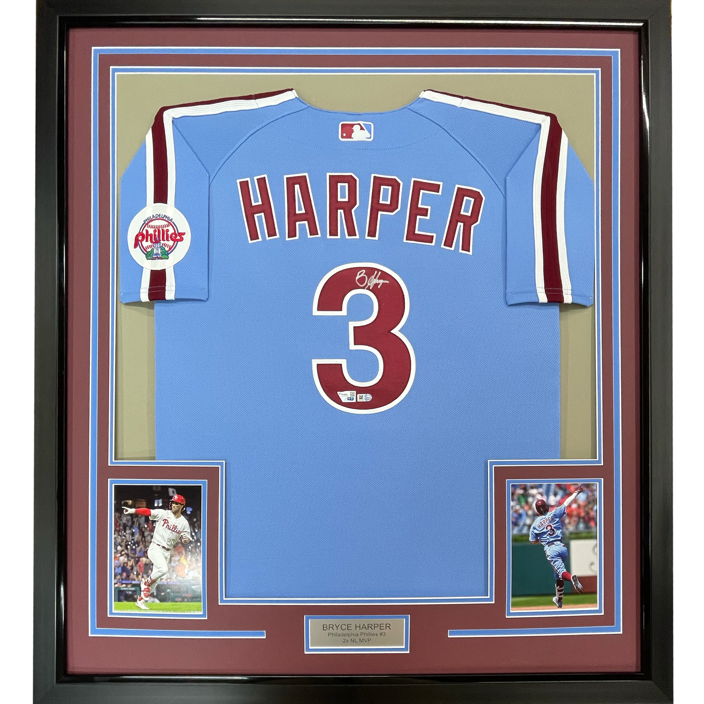 Framed Autographed/Signed Bryce Harper 35x39 Philadelphia Phillies Retro Blue Authentic Baseball Jersey Fanatics & MLB COA