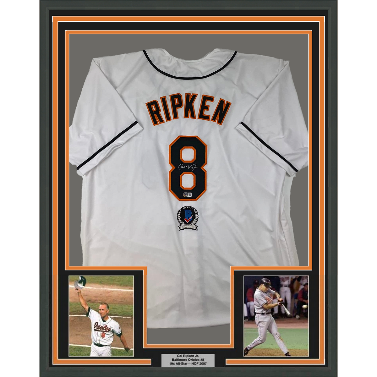Framed Autographed/Signed Cal Ripken Jr. 35x39 Baltimore White Baseball Jersey Beckett BAS COA