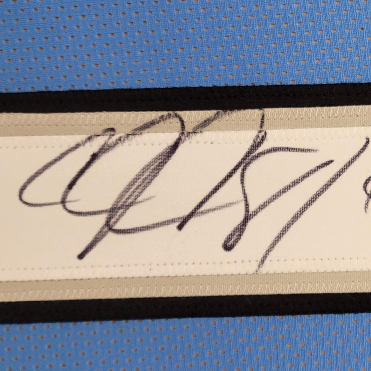 Framed Autographed/Signed Calvin Johnson 35x39 HOF 21 Detroit Blue Football Jersey JSA COA