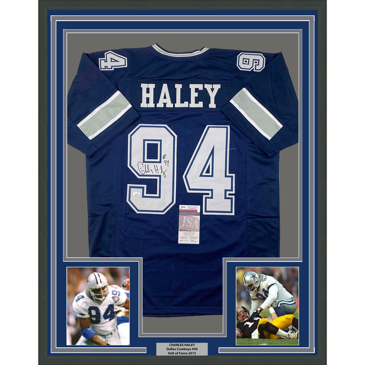Framed Autographed/Signed Charles Haley 35x39 Dallas Blue Football Jersey JSA COA