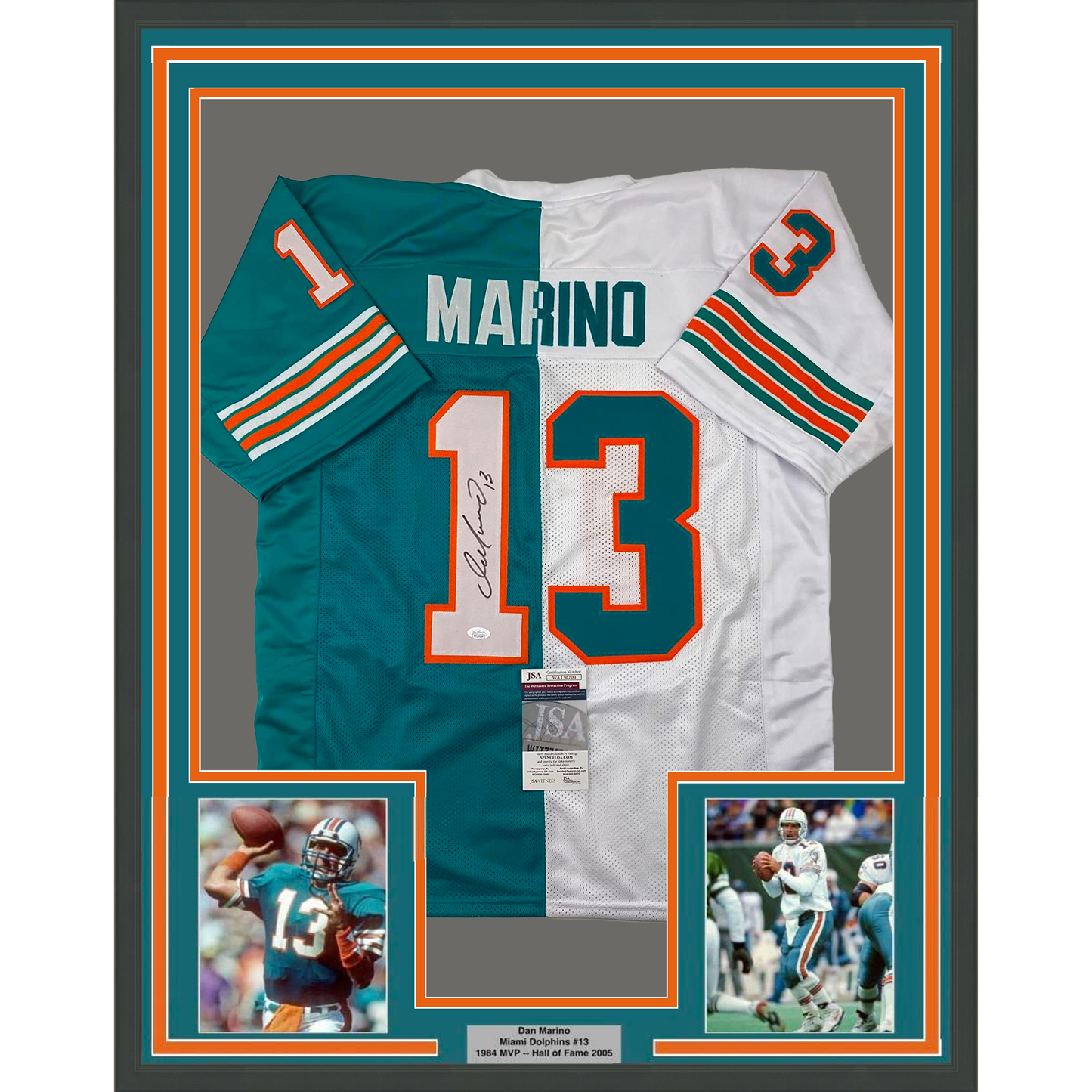 Framed Autographed/Signed Dan Marino 35x39 Miami Split Teal/White Football Jersey JSA COA