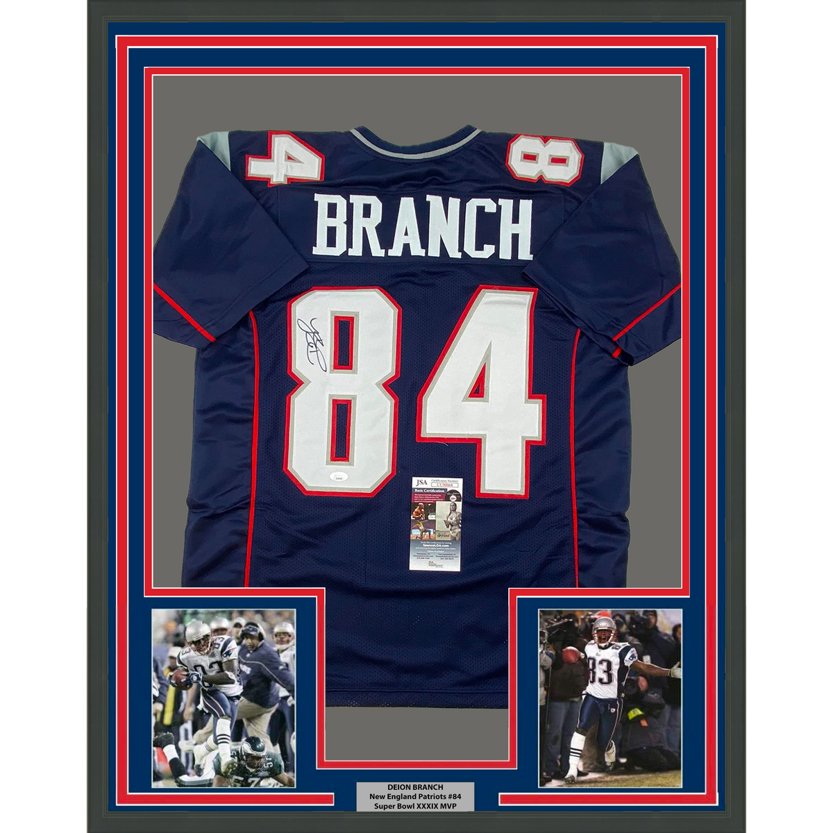 Framed Autographed/Signed Deion Branch 35x39 New England Blue Football Jersey JSA COA