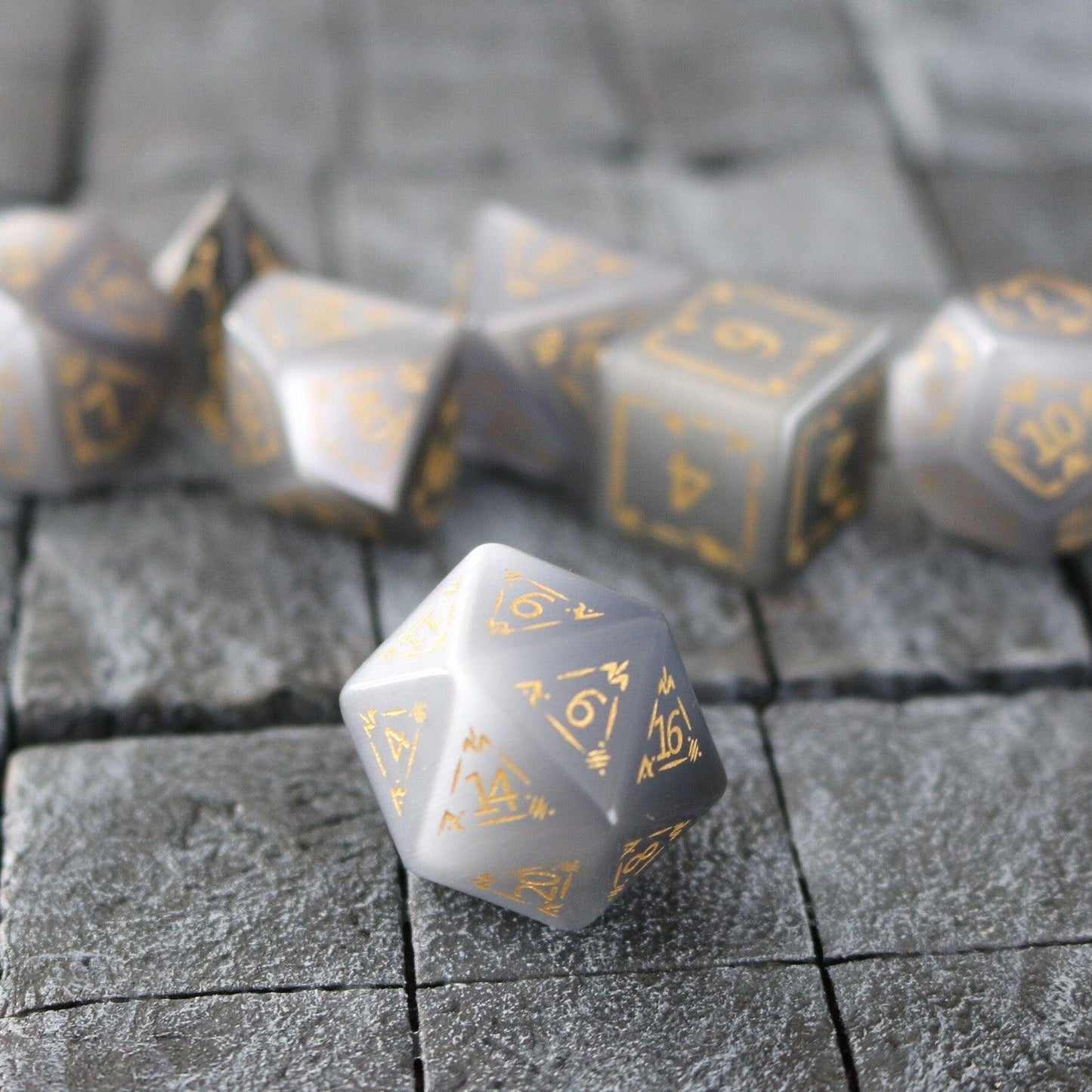 Dragon Shield Gray Cats Eye Gemstone DND Dice Set