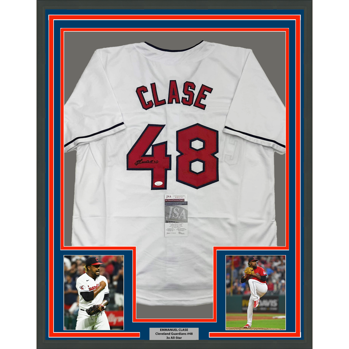 Framed Autographed/Signed Emmanuel Clase 35x39 Cleveland White Baseball Jersey JSA COA
