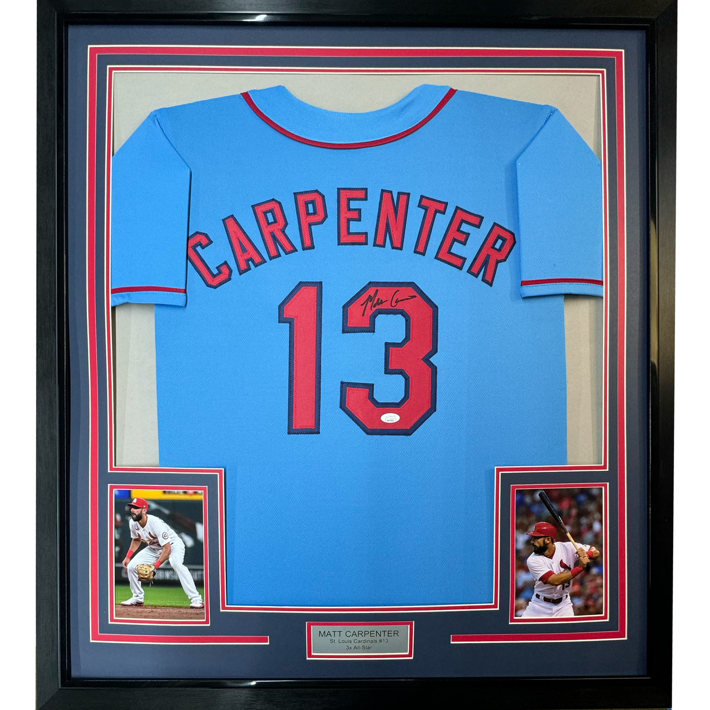 Framed Autographed/Signed Matt Carpenter 35x39 St. Louis Blue Baseball Jersey JSA COA