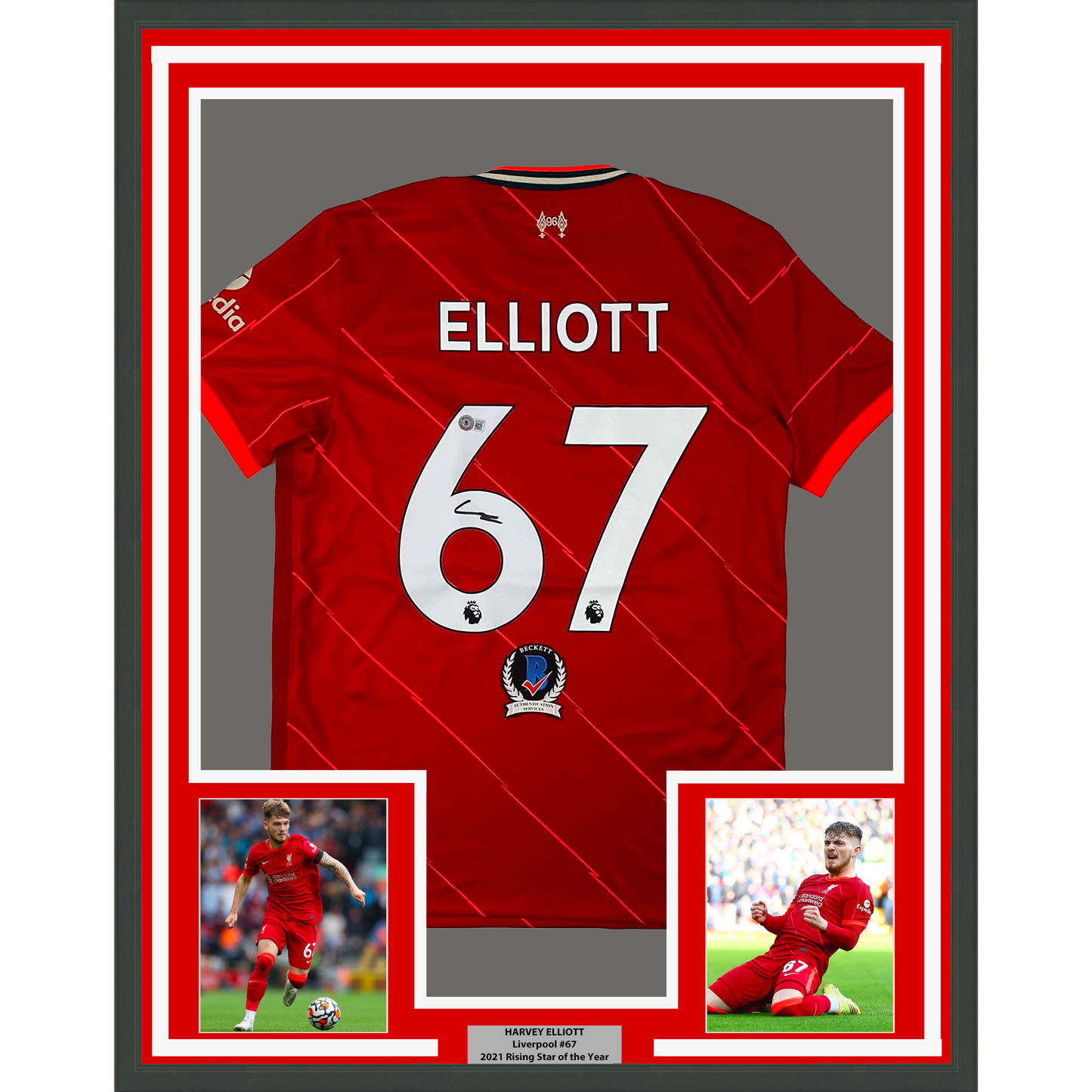 Framed Autographed/Signed Harvey Elliott 35x39 Liverpool Red Soccer Jersey Beckett BAS COA