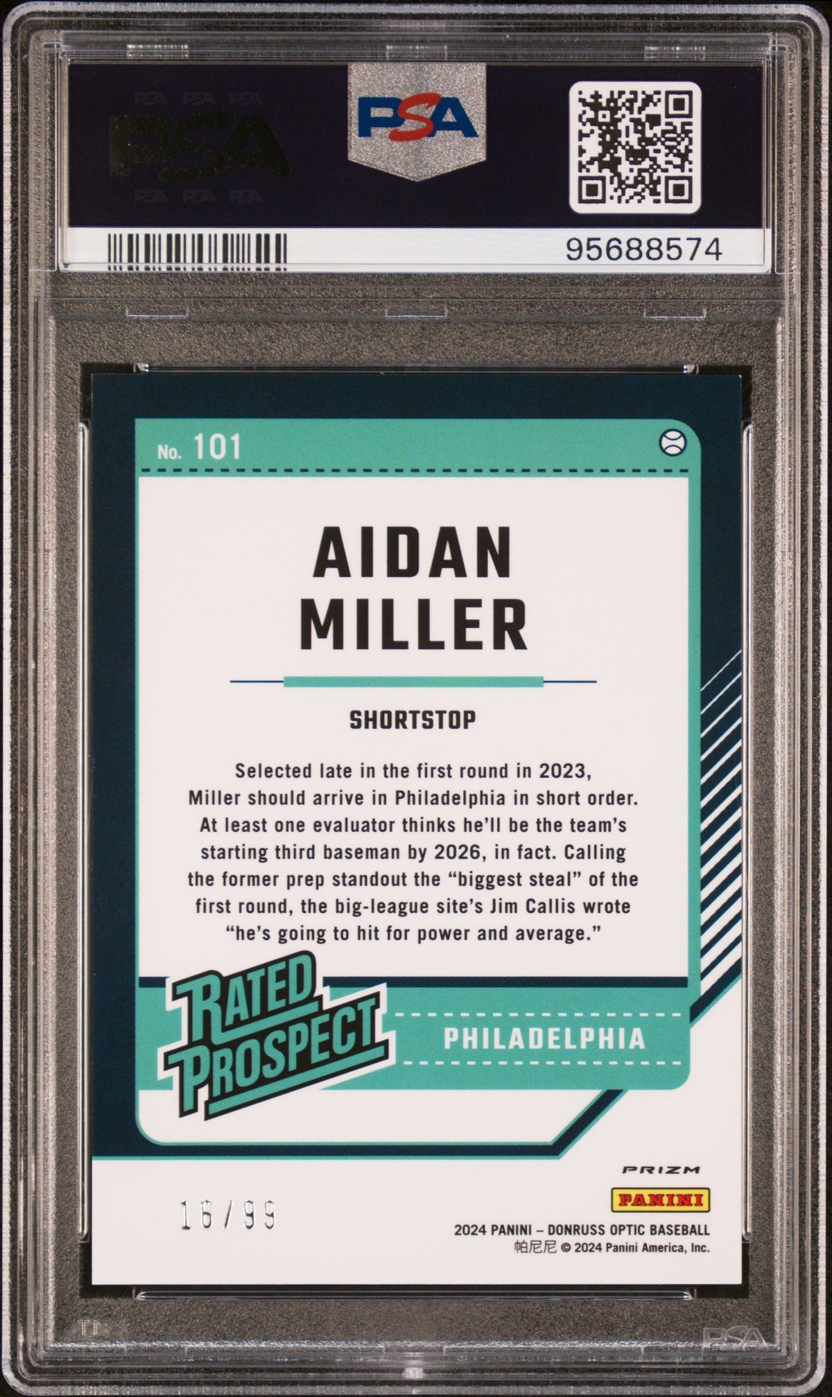 Graded 2024 Panini Donruss Aidan Miller #101 Optic Red /99 Rookie RC Baseball Card PSA 10 Gem Mint