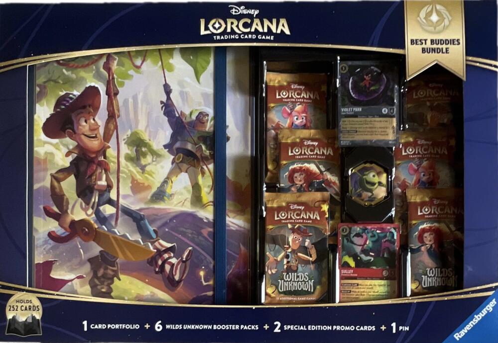Disney Lorcana Wilds Unknown Best Buddies Bundle with Woody and Buzz portfolio, six booster packs, Violet Parr and Sulley promos, and Mike Wazowski pin