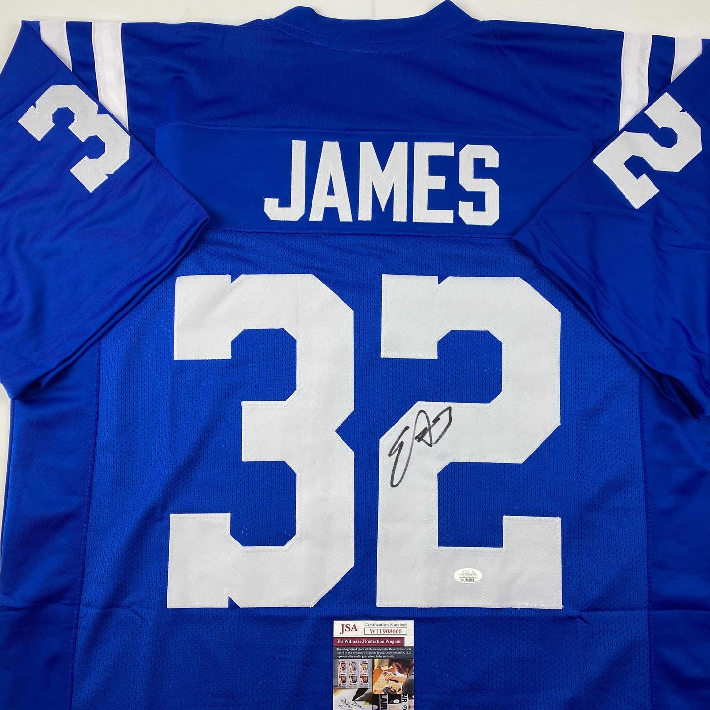 Autographed/Signed Edgerrin James Indianapolis Blue Football Jersey JSA COA