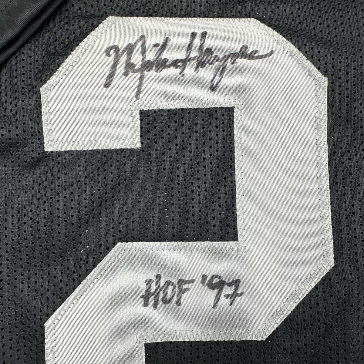 Autographed/Signed Michael Mike Haynes HOF 97 Oakland Black Football Jersey Beckett BAS COA