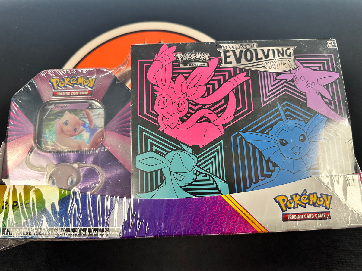 Evolving Skies Elite Trainer Box (Vaporeon) + Window Tin (Mew)