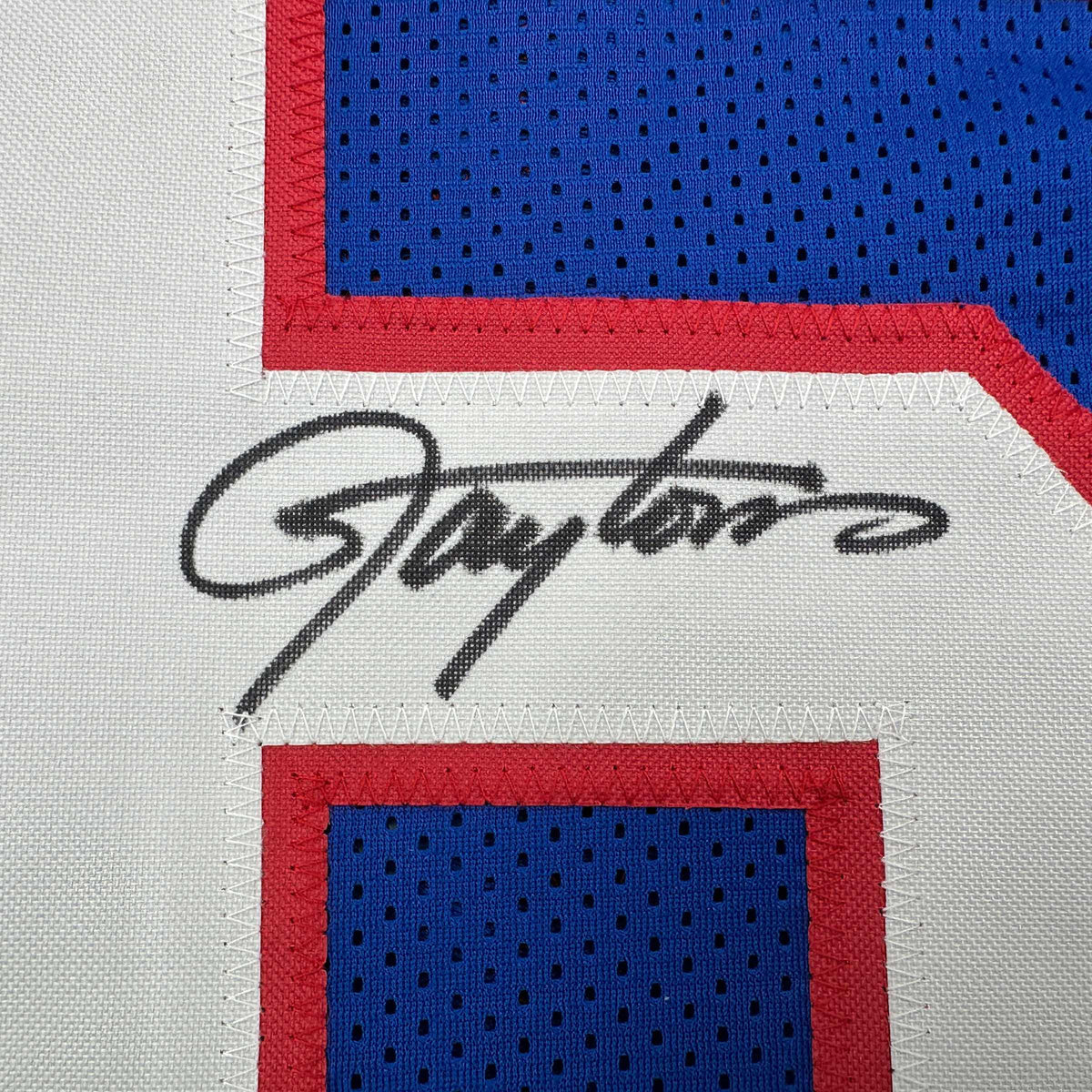 Autographed/Signed Lawrence Taylor New York Blue Stat Football Jersey Beckett BAS COA