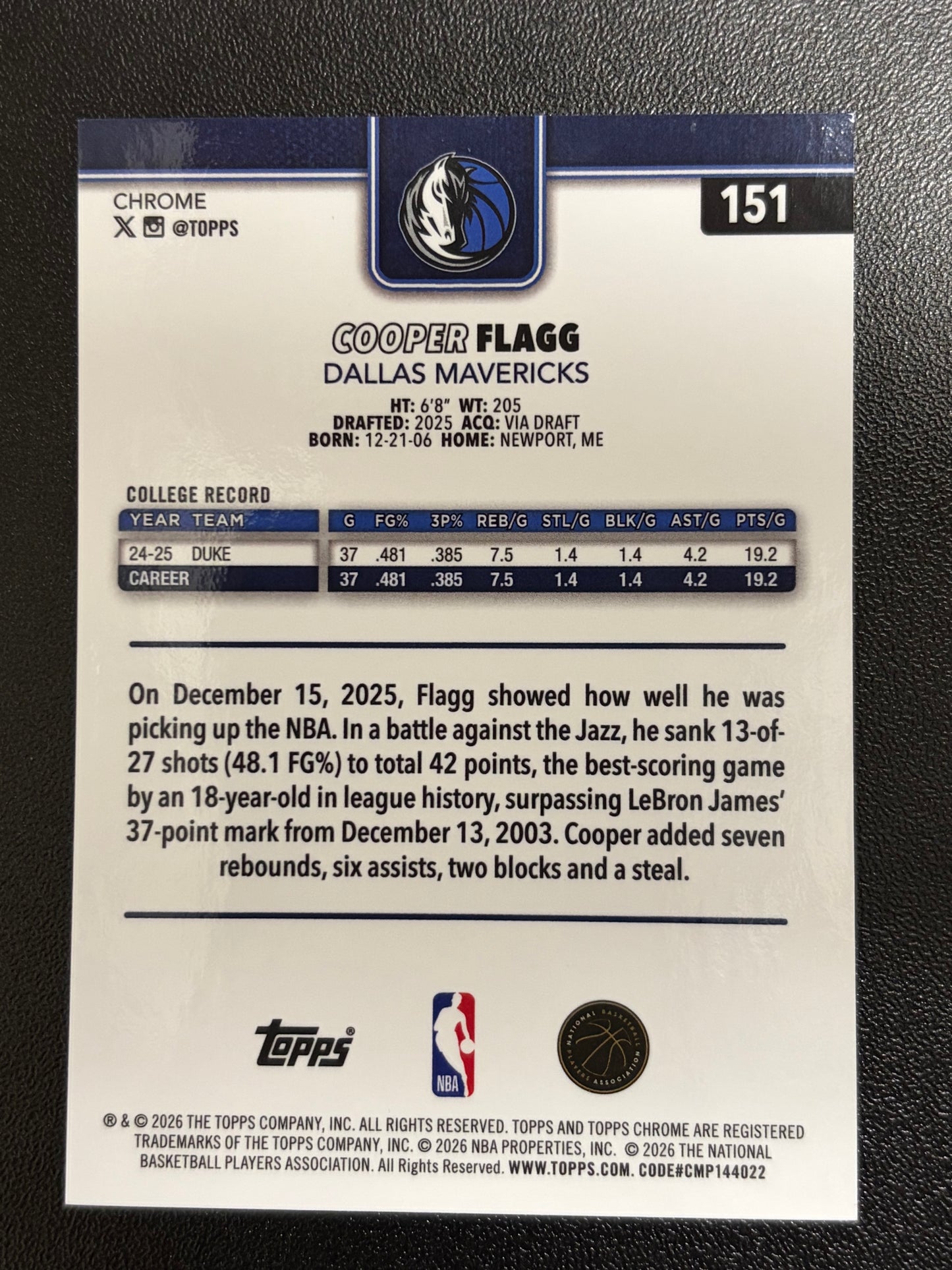 2025-26 Topps Chrome Update Black Raywave #/10 Cooper Flagg #151