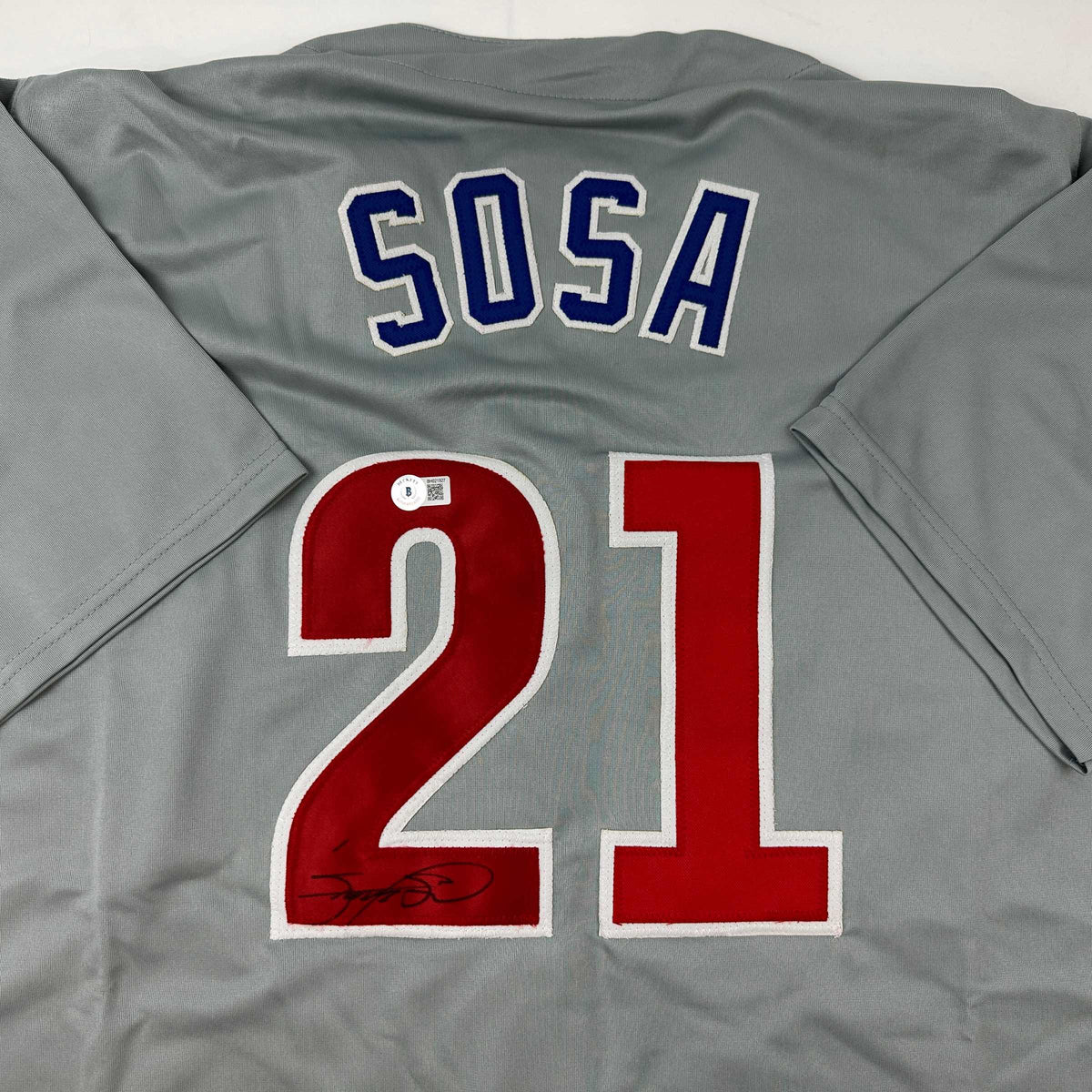 Autographed/Signed Sammy Sosa Chicago Grey Baseball Jersey Beckett BAS COA