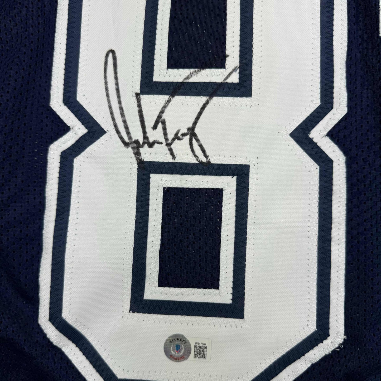 Framed Autographed/Signed Jake Ferguson 35x39 Dallas Blue Football Jersey Beckett BAS COA
