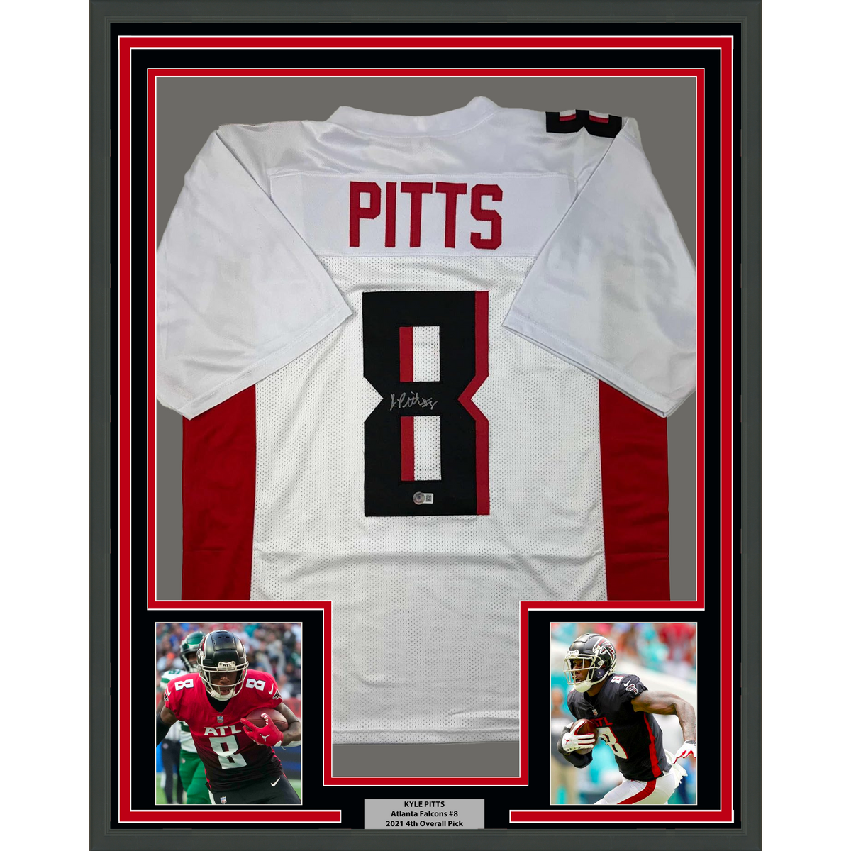 Framed Autographed/Signed Kyle Pitts 35x39 Atlanta White Football Jersey Beckett BAS COA