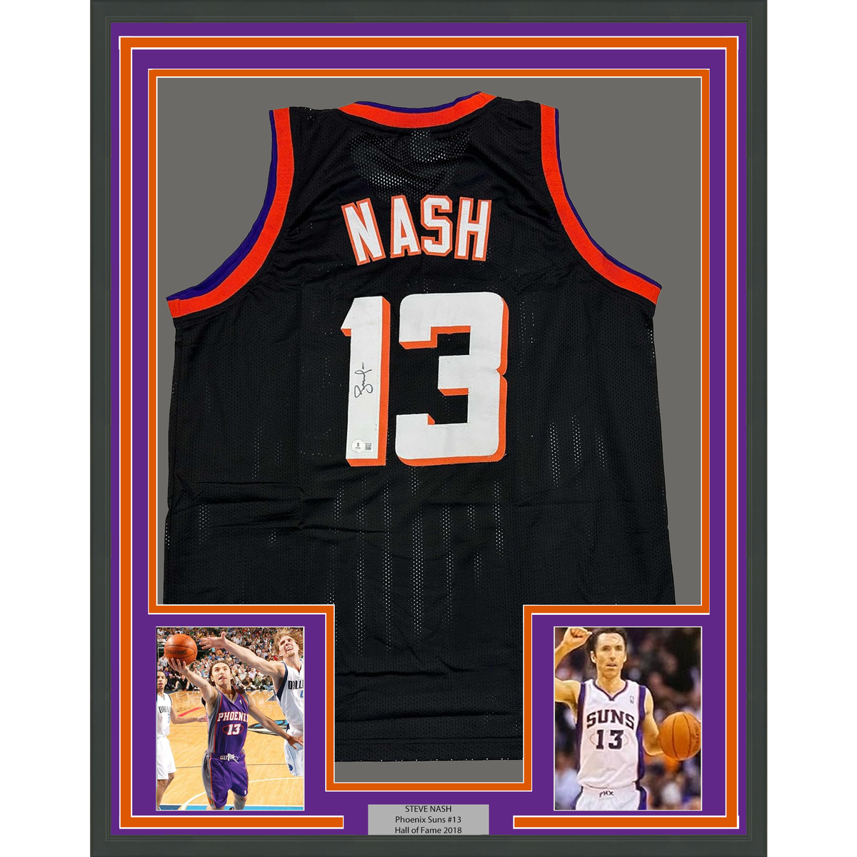 Framed Autographed/Signed Steve Nash 35x39 Phoenix Black Basketball Jersey Beckett BAS COA