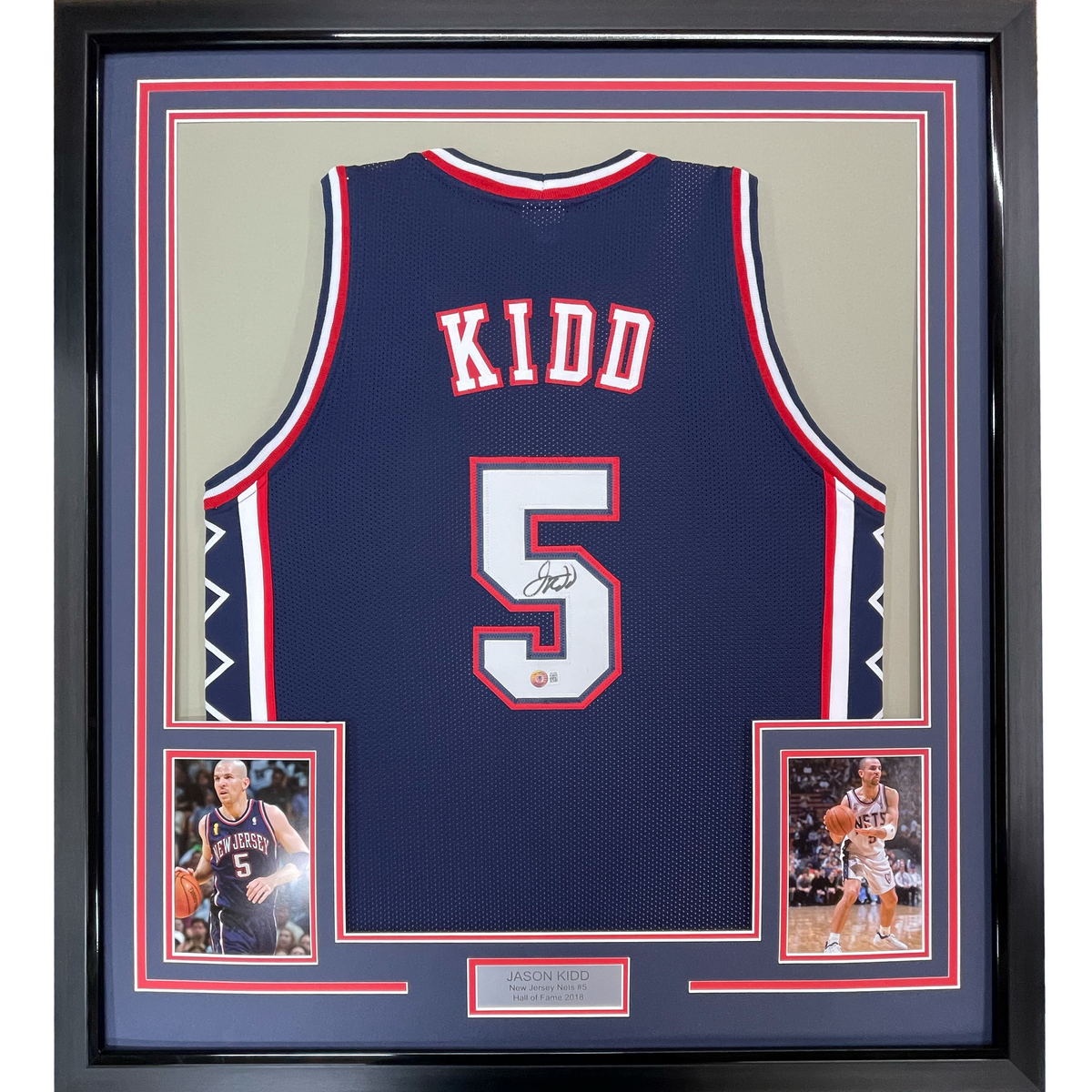 Framed Autographed/Signed Jason Kidd 35x39 New Jersey NJ Blue Basketball Jersey Beckett BAS COA