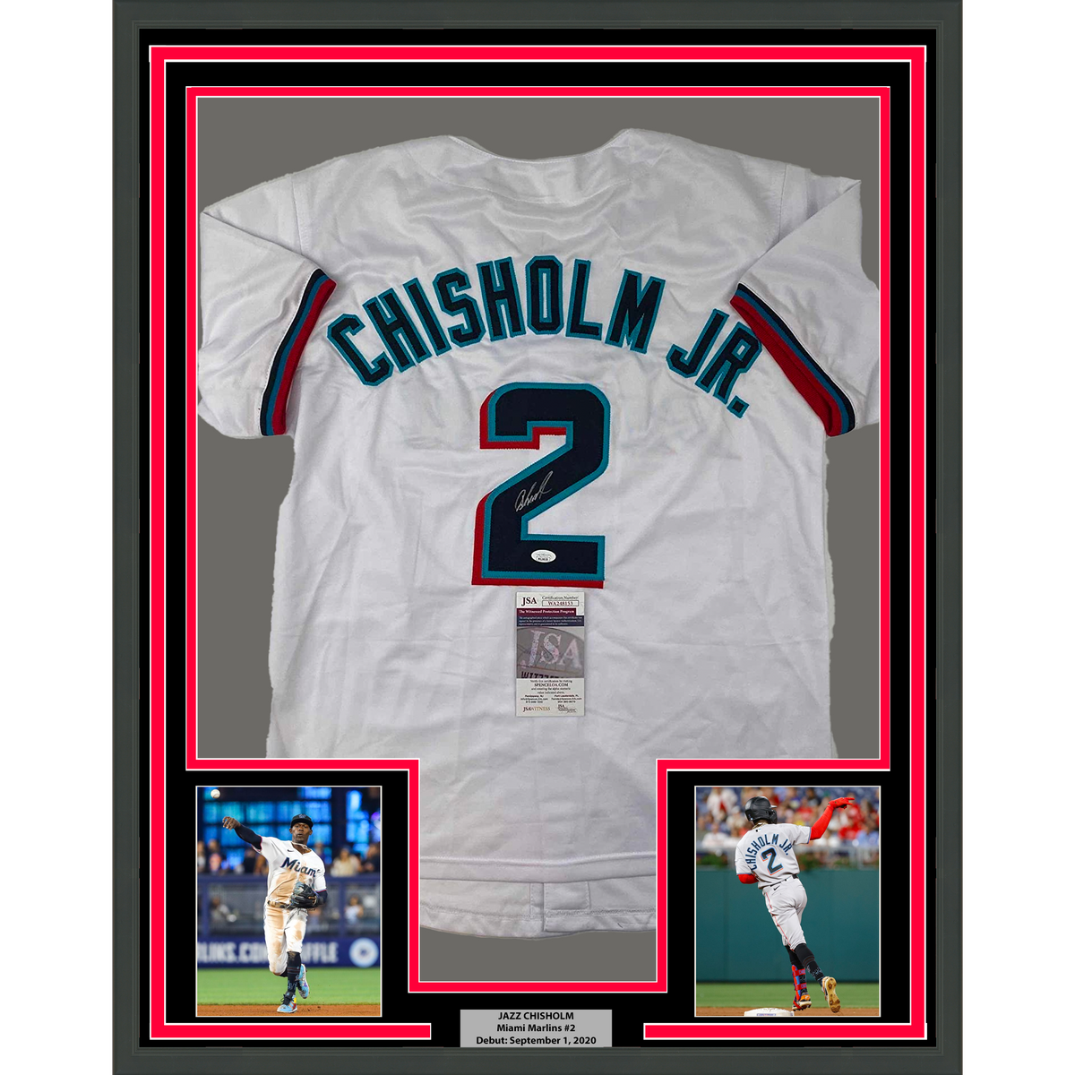 Framed Autographed/Signed Jazz Chisholm Jr. 35x39 Miami White Baseball Jersey JSA COA