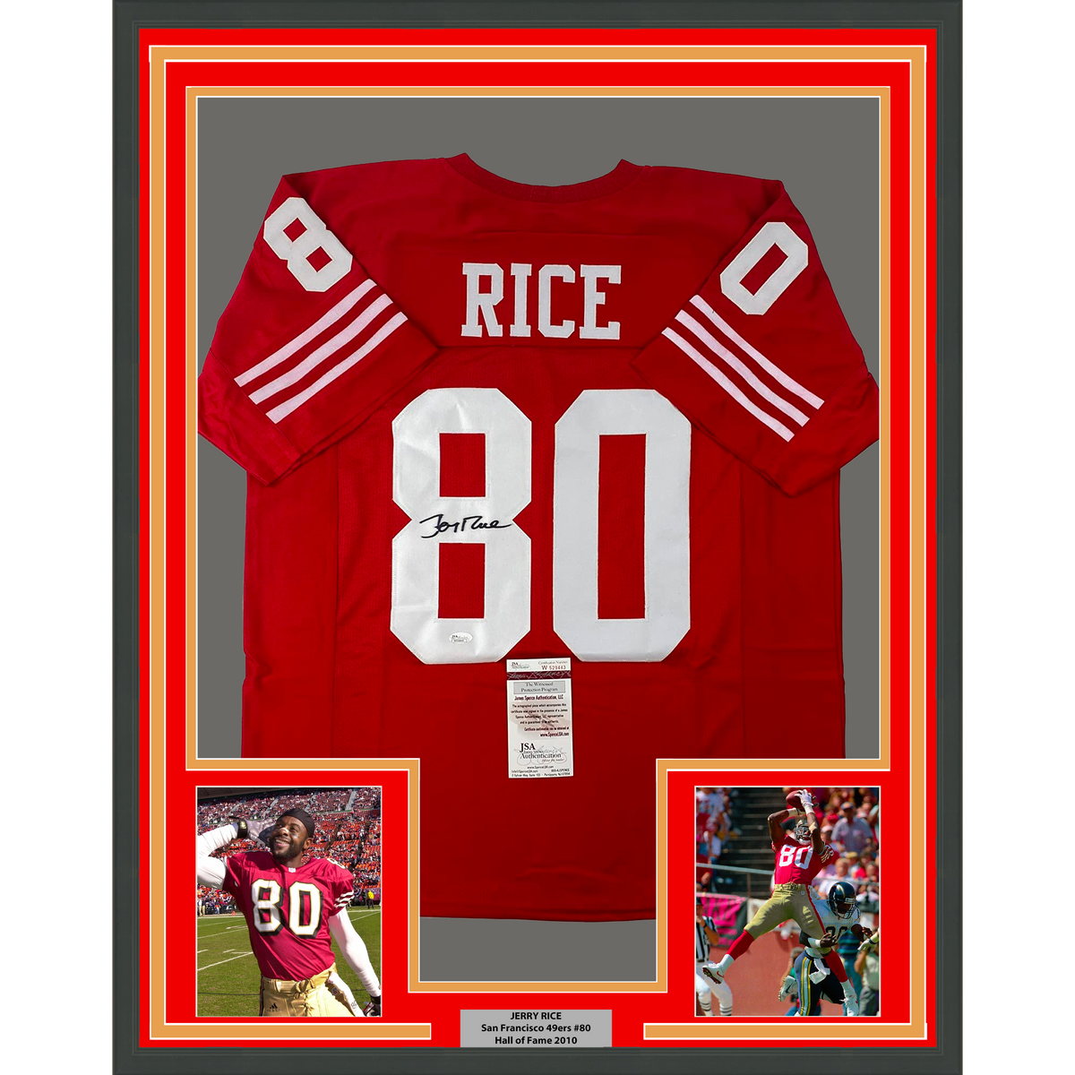 Framed Autographed/Signed Jerry Rice 35x39 San Francisco Red Football Jersey JSA COA