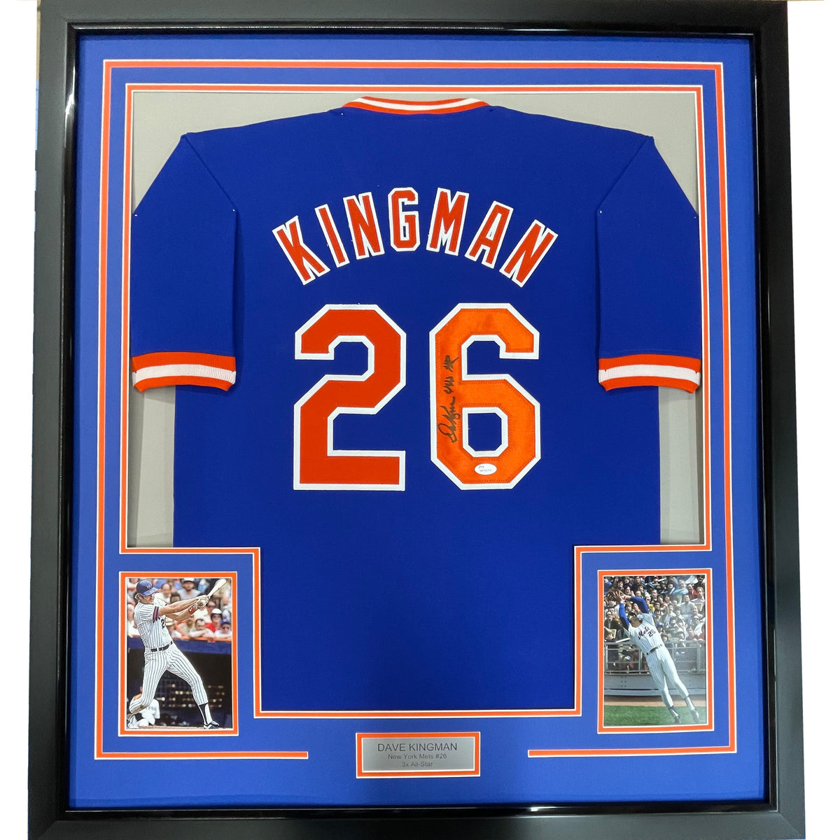 Framed Autographed/Signed Dave Kingman 35x39 442 HR New York Blue Baseball Jersey JSA COA