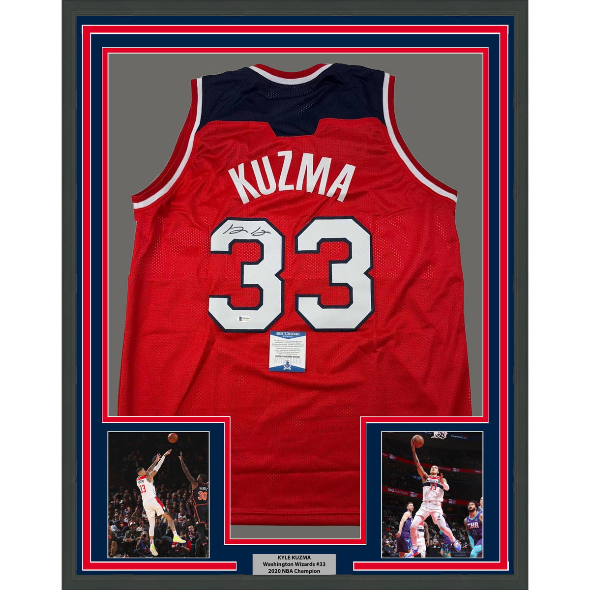Framed Autographed/Signed Kyle Kuzma 35x39 Washington Red Basketball Jersey Beckett BAS COA