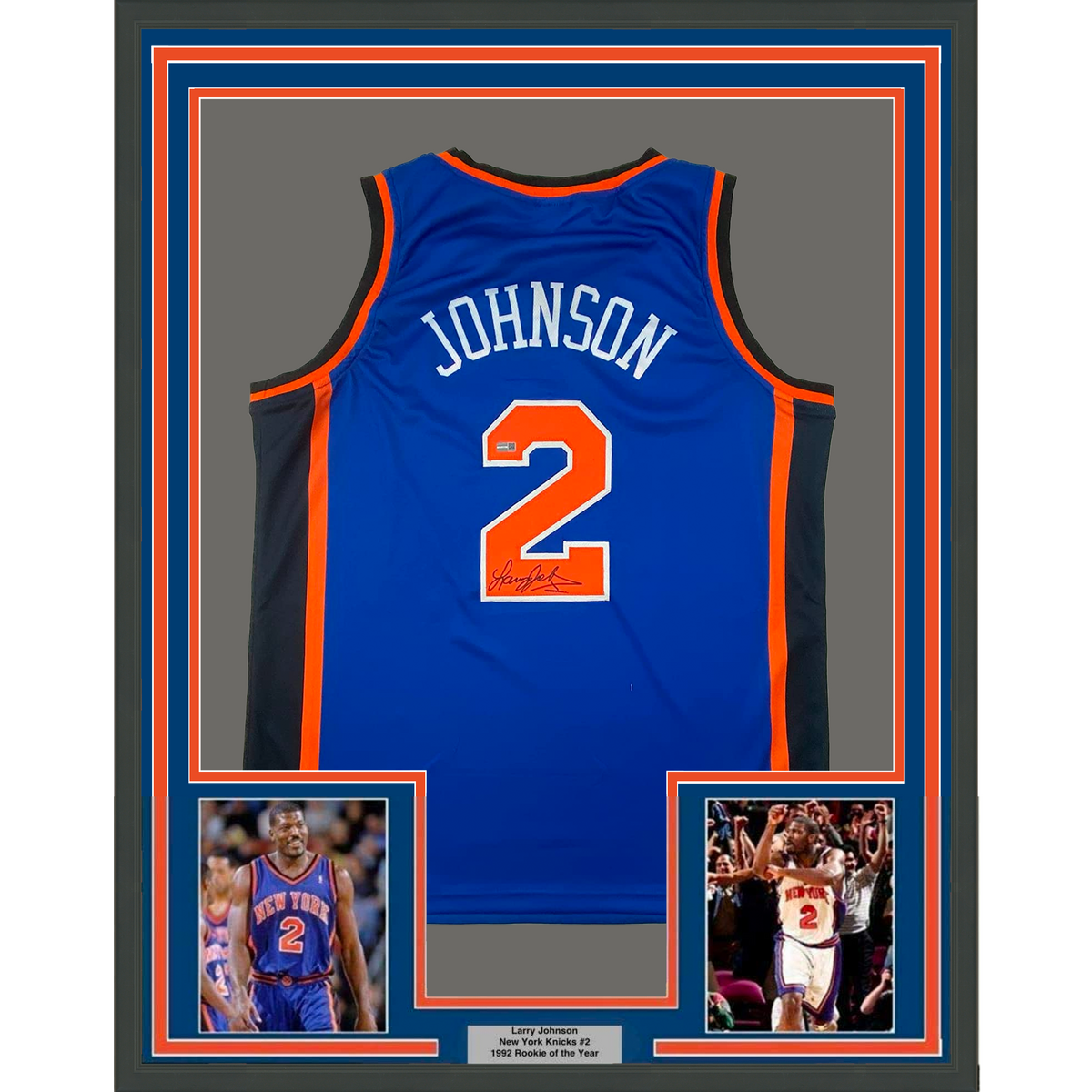 Framed Autographed/Signed Larry Johnson 35x39 New York Blue Basketball Jersey Steiner COA