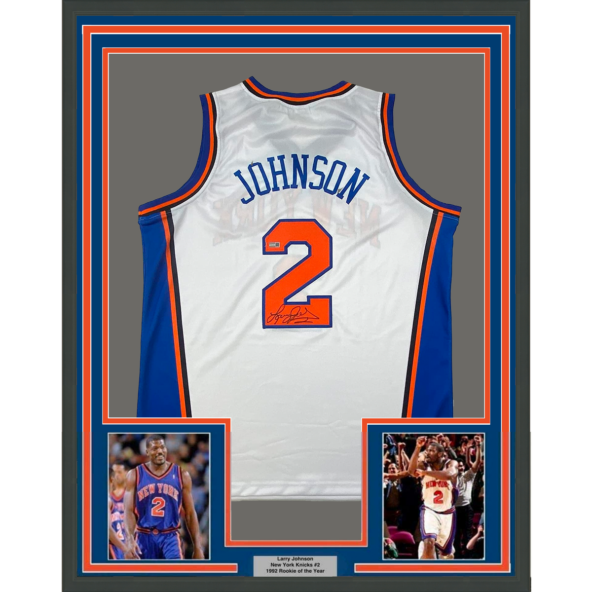 Framed Autographed/Signed Larry Johnson 35x39 New York White Basketball Jersey Steiner COA