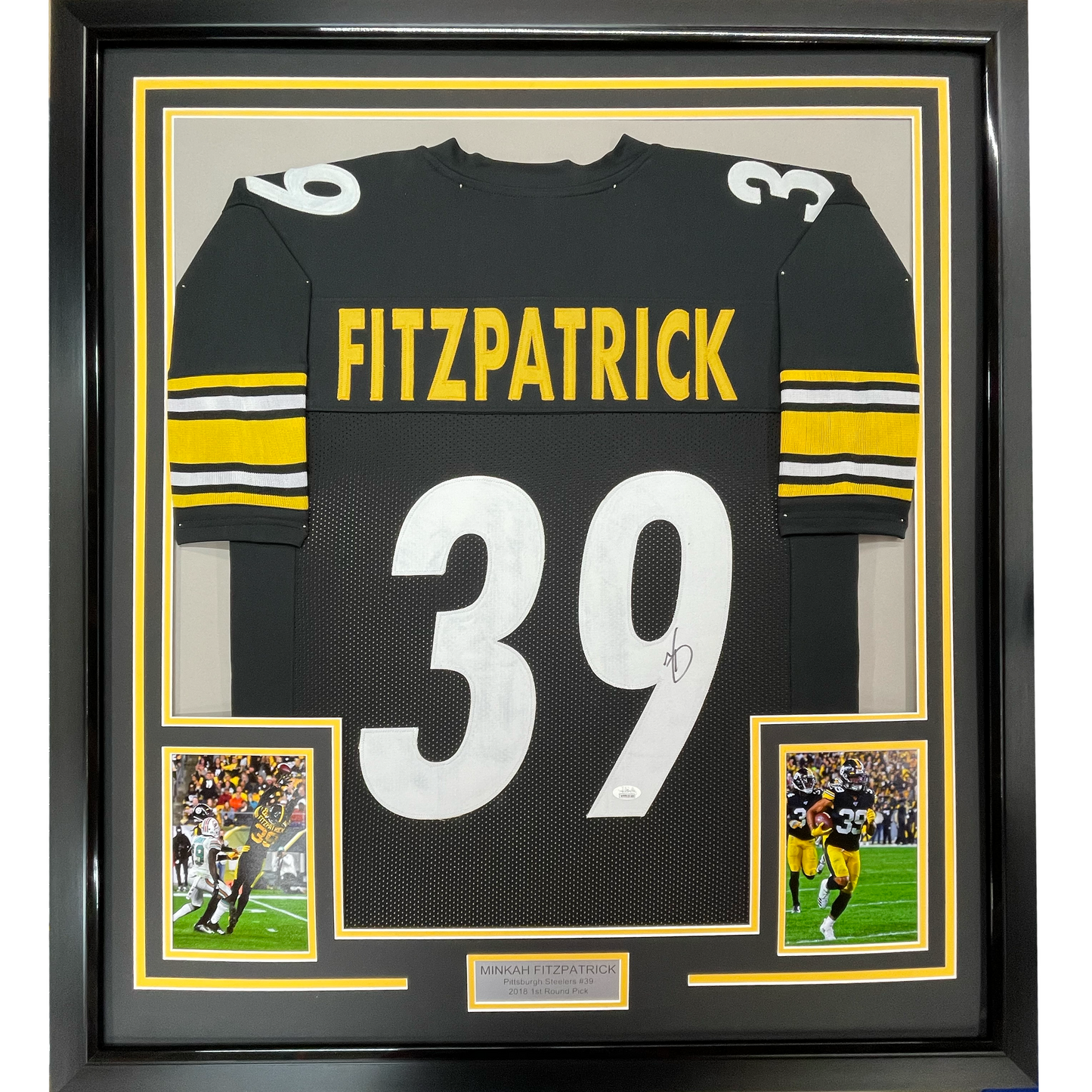 Framed Autographed/Signed Minkah Fitzpatrick 35x39 Pittsburgh Black Football Jersey PSA/DNA COA