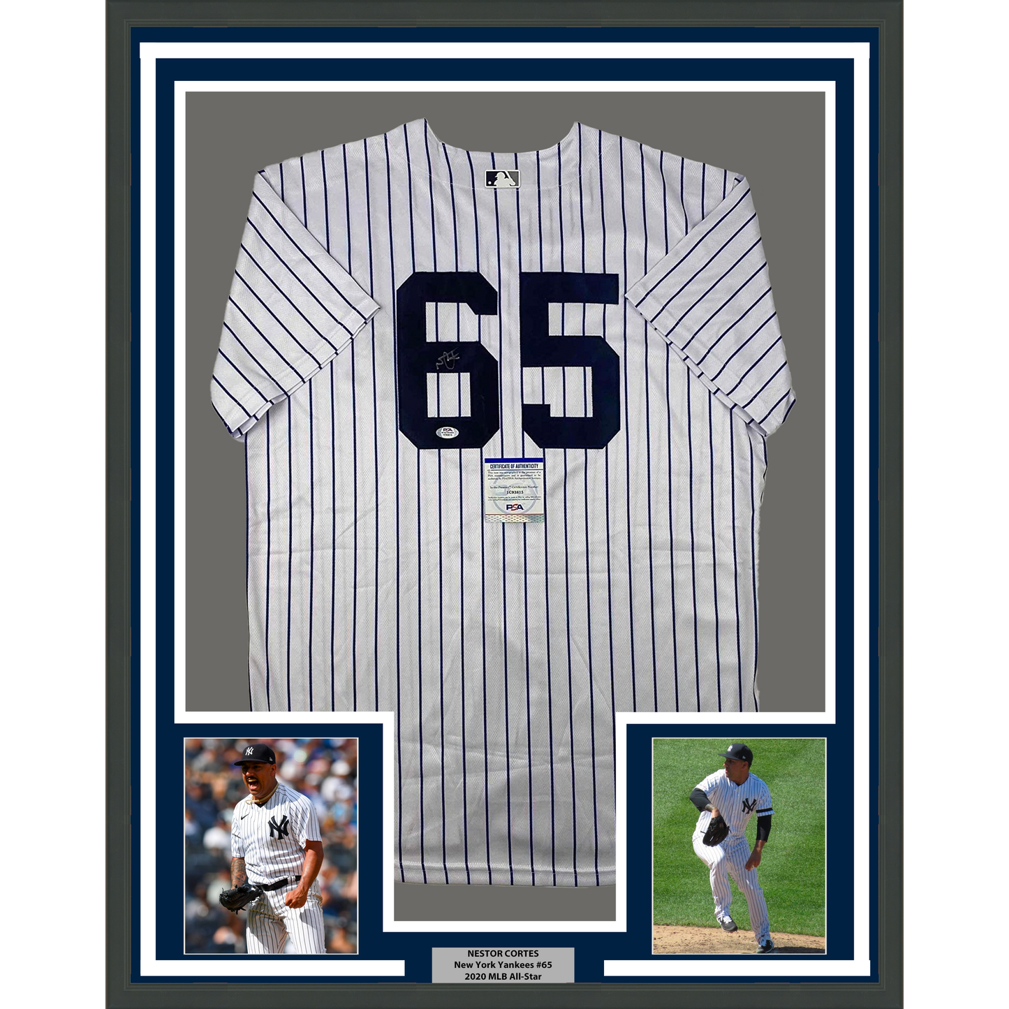 Framed Autographed/Signed Nestor Cortes 35x39 New York Pinstripe Baseball Jersey PSA/DNA COA