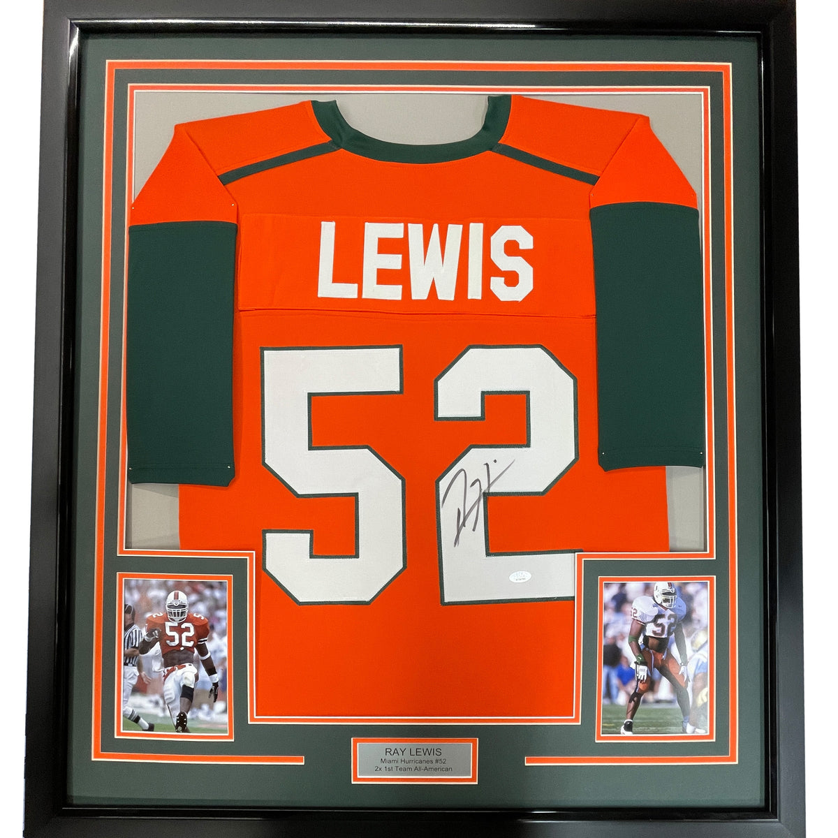 Framed Autographed/Signed Ray Lewis 35x39 Miami Orange College Football Jersey JSA COA