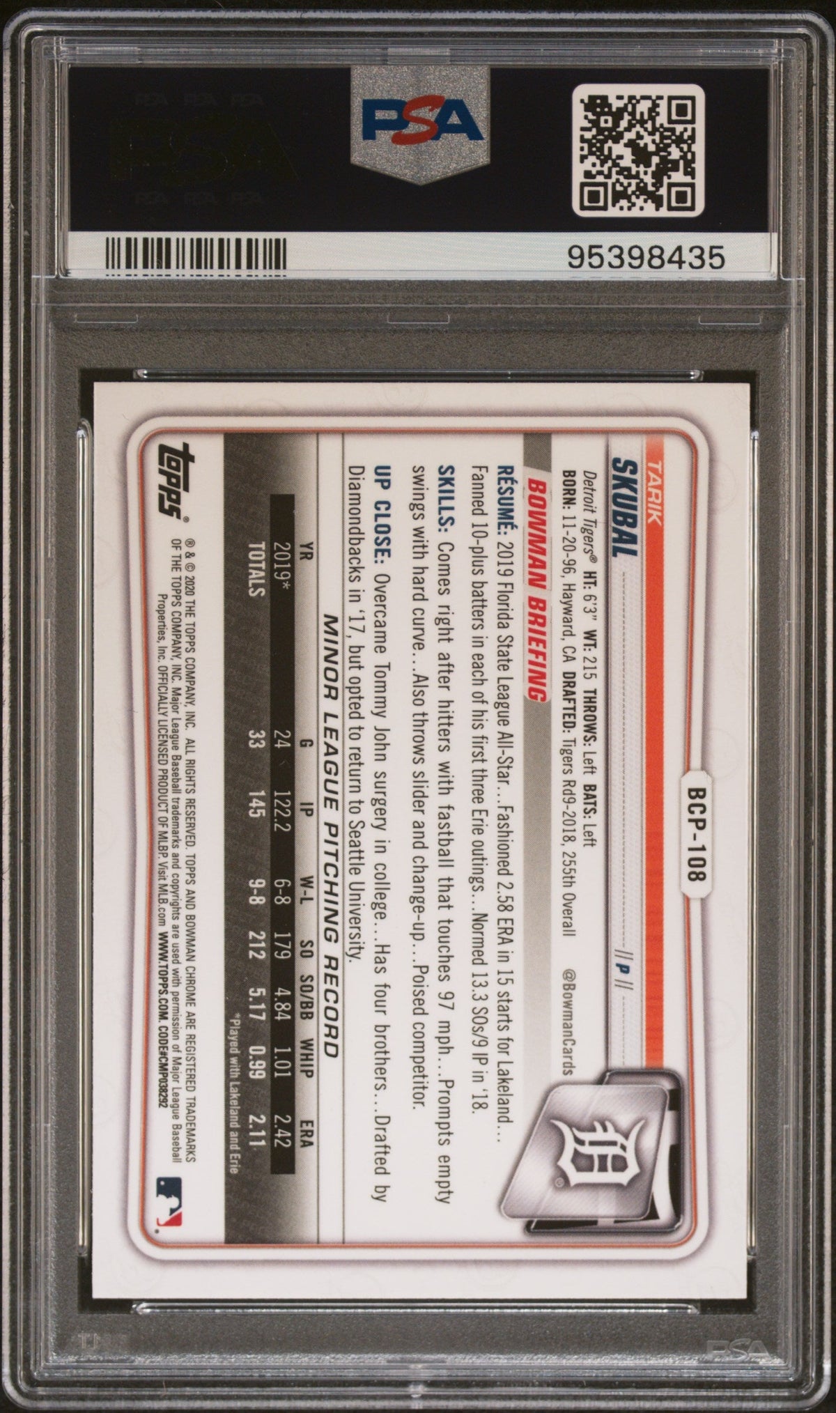 Graded 2020 Topps Bowman Chrome Tarik Skubal #BCP108 Prospects Rookie RC Baseball Card PSA 10 Gem Mint