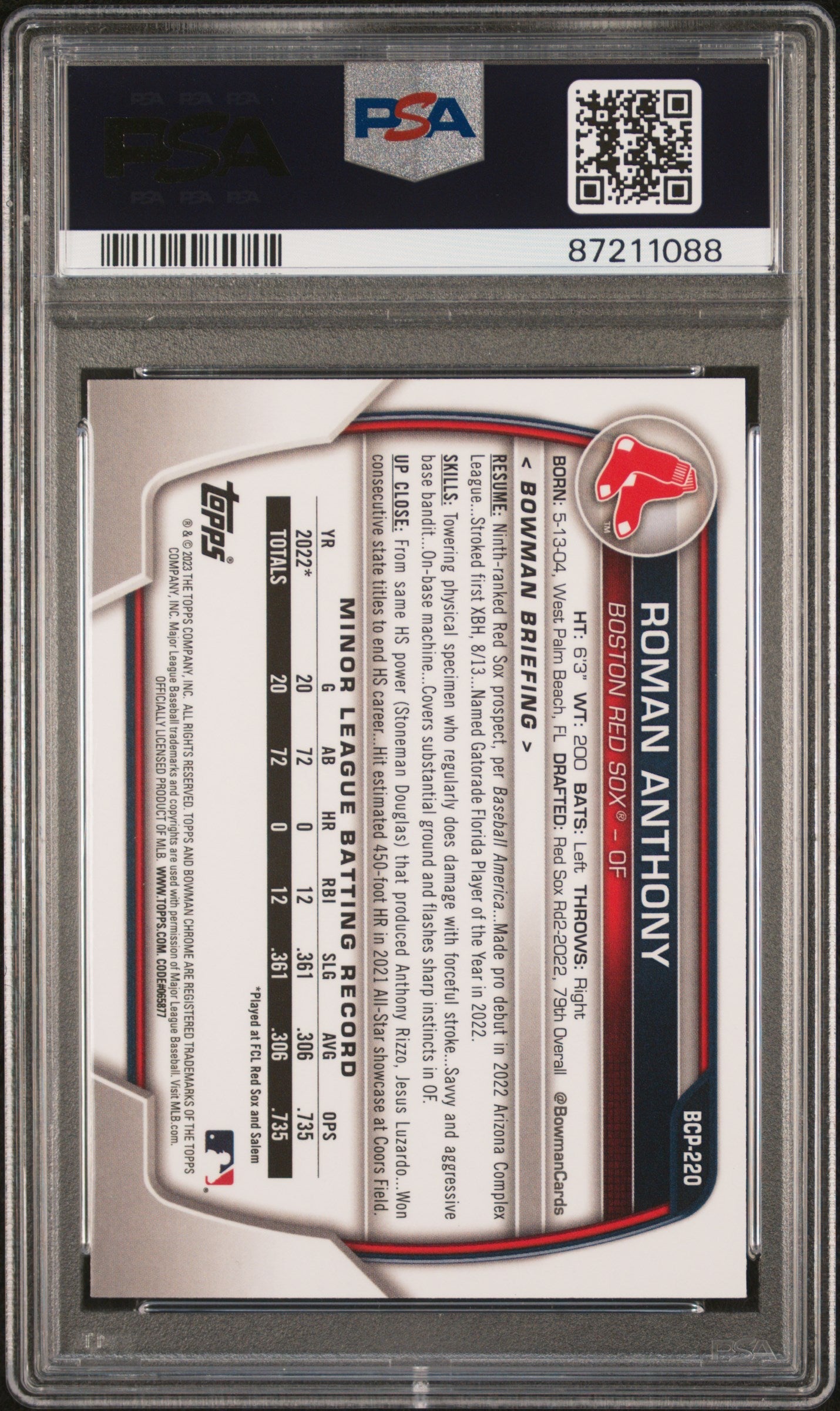 Graded 2023 Topps Bowman Chrome Roman Anthony #BCP220 Prospects Rookie RC Baseball Card PSA 10 Gem Mint