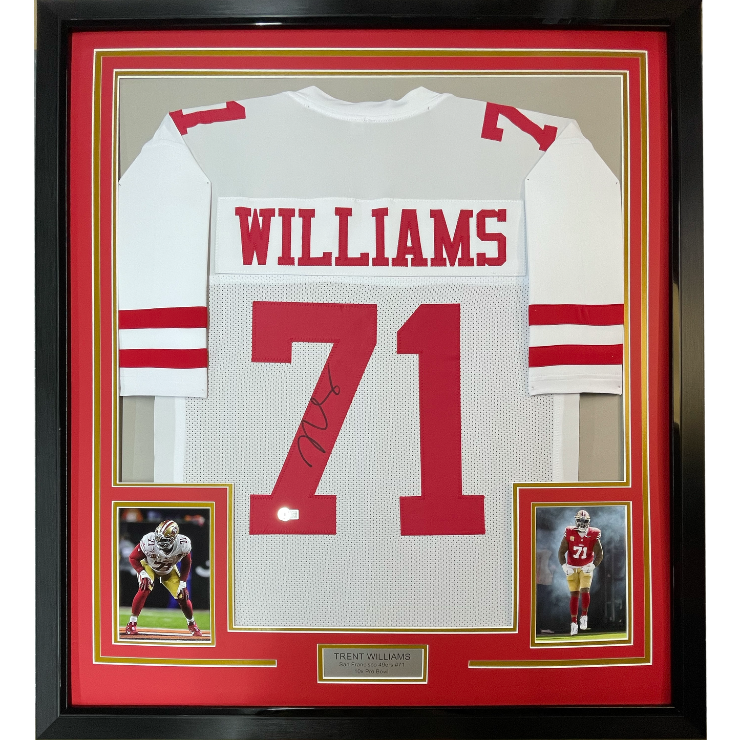 Framed Autographed/Signed Trent Williams 35x39 San Francisco White Football Jersey Beckett BAS COA