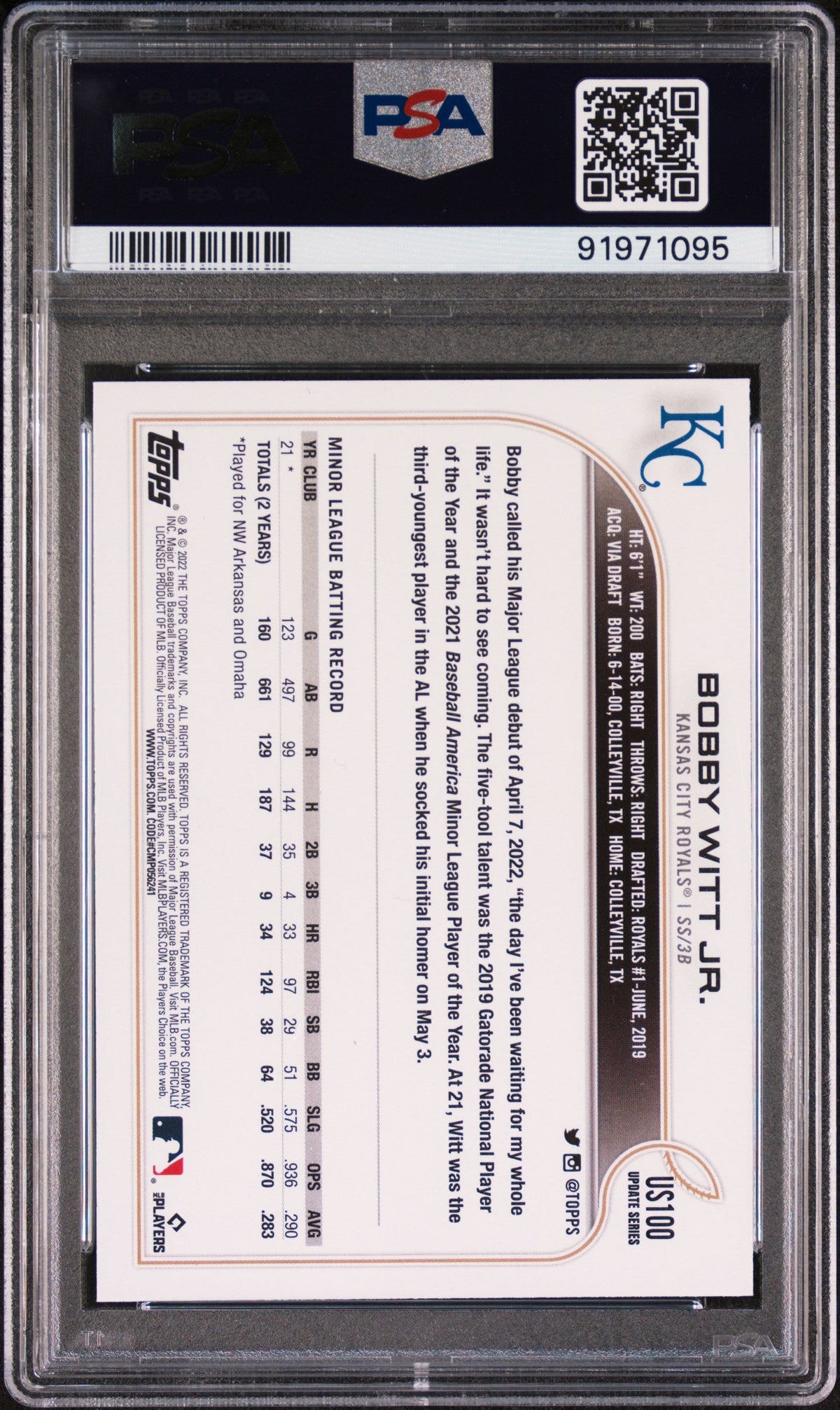 Graded 2022 Topps Update Bobby Witt Jr. #US100 Rookie RC Baseball Card PSA 9 Mint
