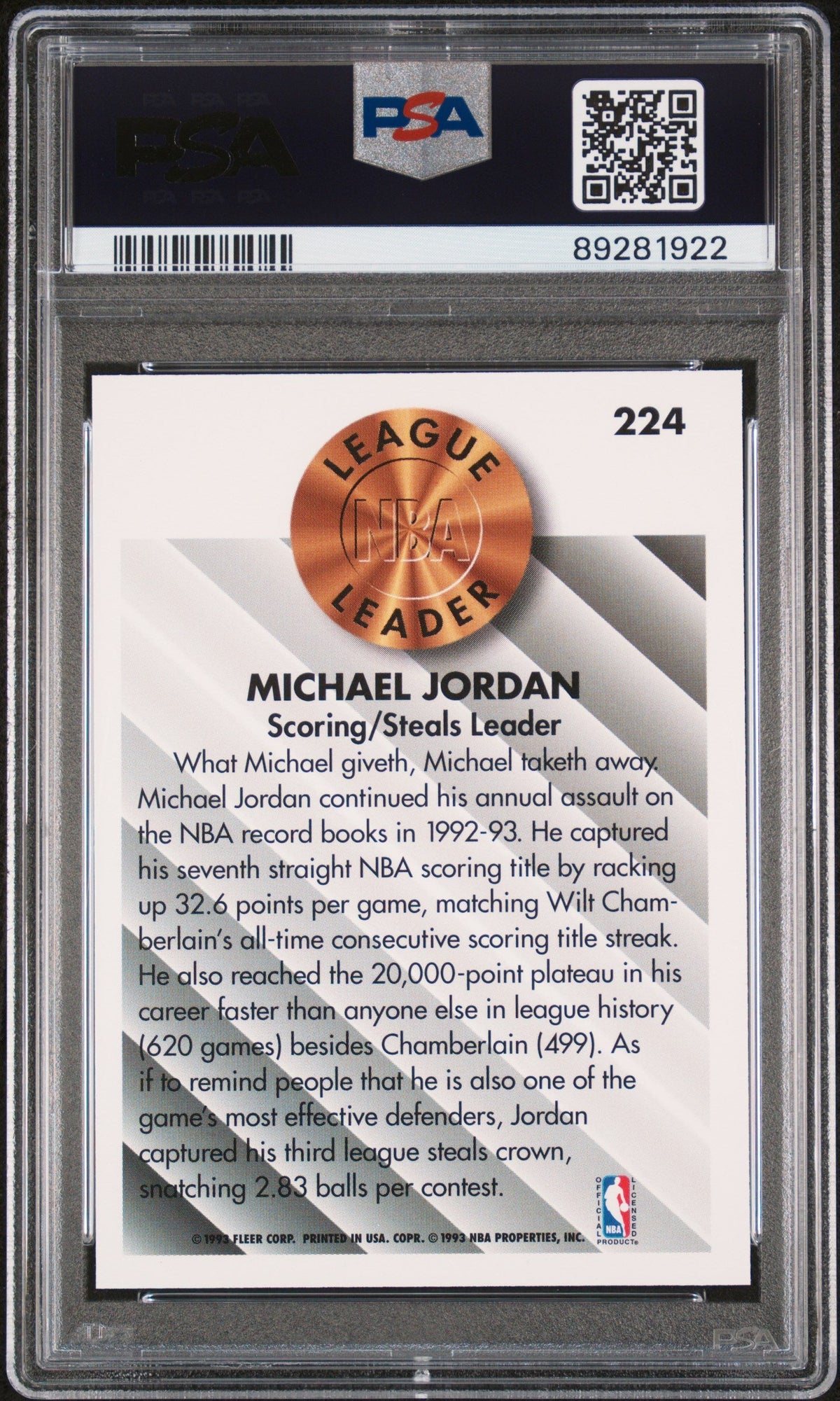 Graded 1993 Fleer Michael Jordan #224 Basketball Card PSA 9 Mint