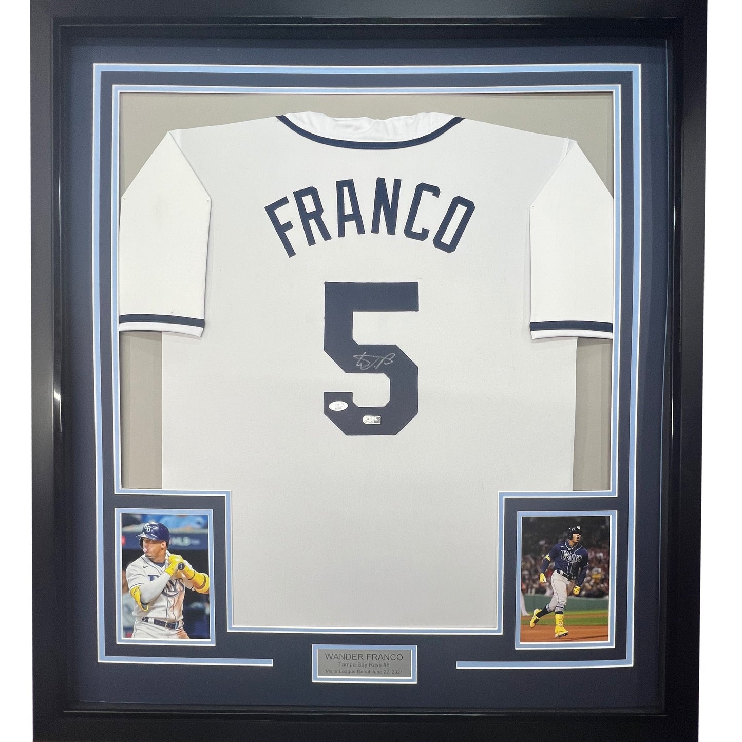 Framed Autographed/Signed Wander Franco 35x39 Tampa Bay White Baseball Jersey JSA COA
