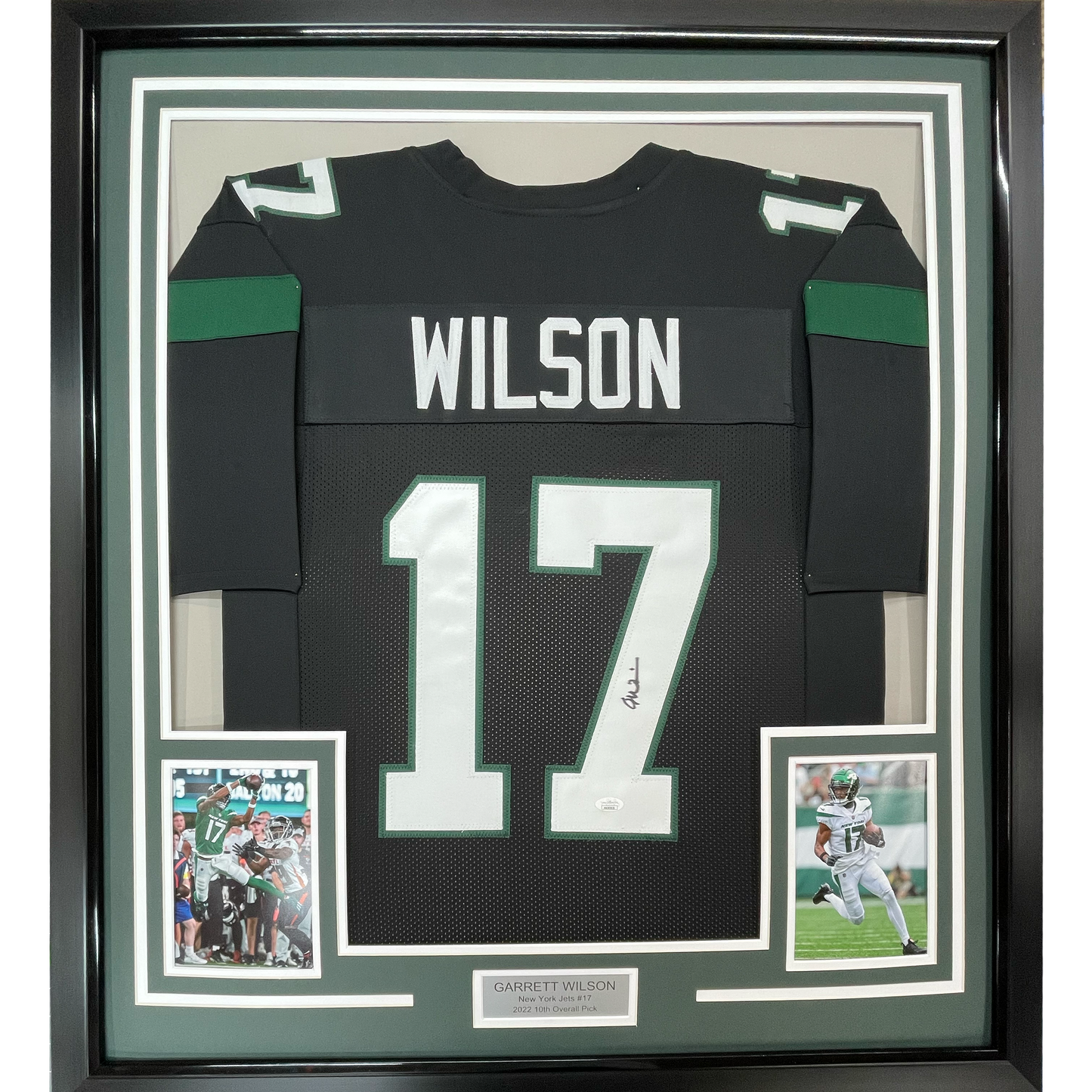 Framed Autographed/Signed Garrett Wilson 35x39 New York Black Football Jersey JSA COA