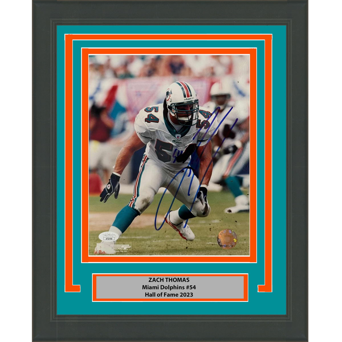 Framed Autographed/Signed Zach Thomas Miami Dolphins 8x10 Football Photo JSA COA #2