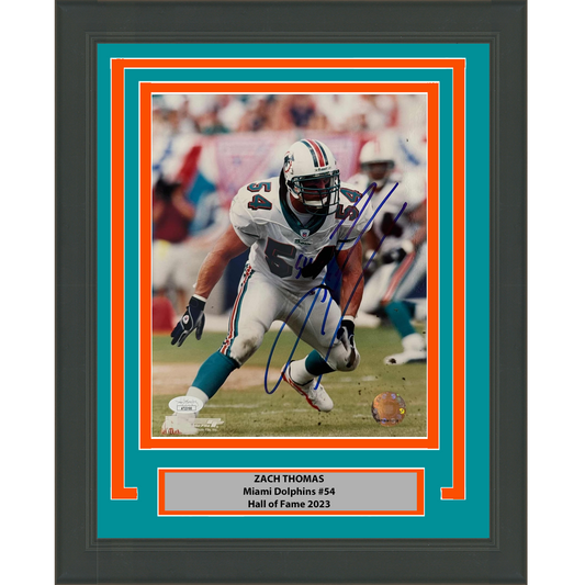 Framed Autographed/Signed Zach Thomas Miami Dolphins 8x10 Football Photo JSA COA #2
